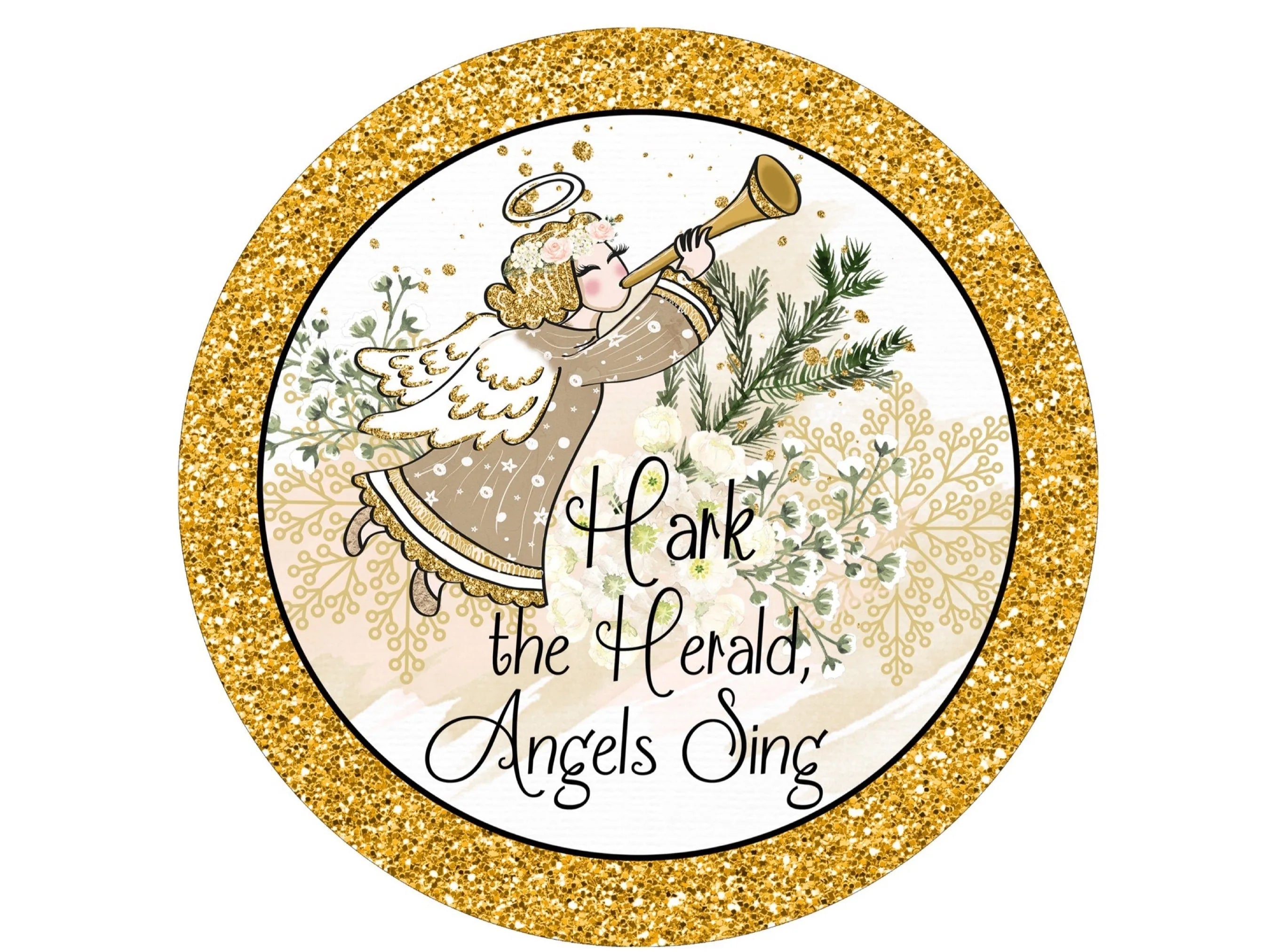 Hark the Herald Angels Sing Sign, Metal Christmas Decor, Gold Glitter Angel Round Sign, Religious Holiday Decor