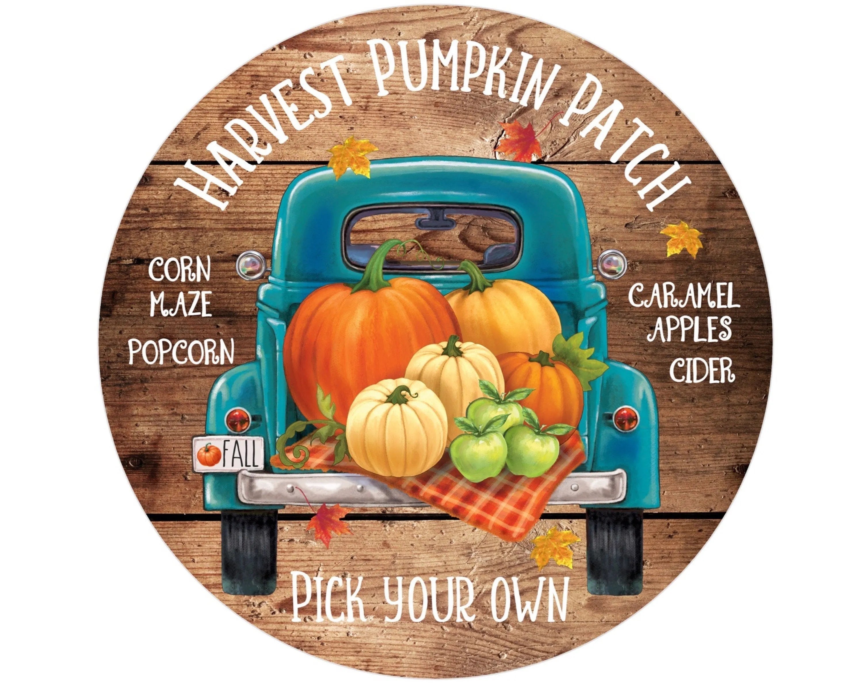 Harvest Pumpkin Wreath Sign, fall pumpkin wreath attachment, pumpkin patch sign, pumpkin party, farmhouse fall sign, blue vintage truck sign