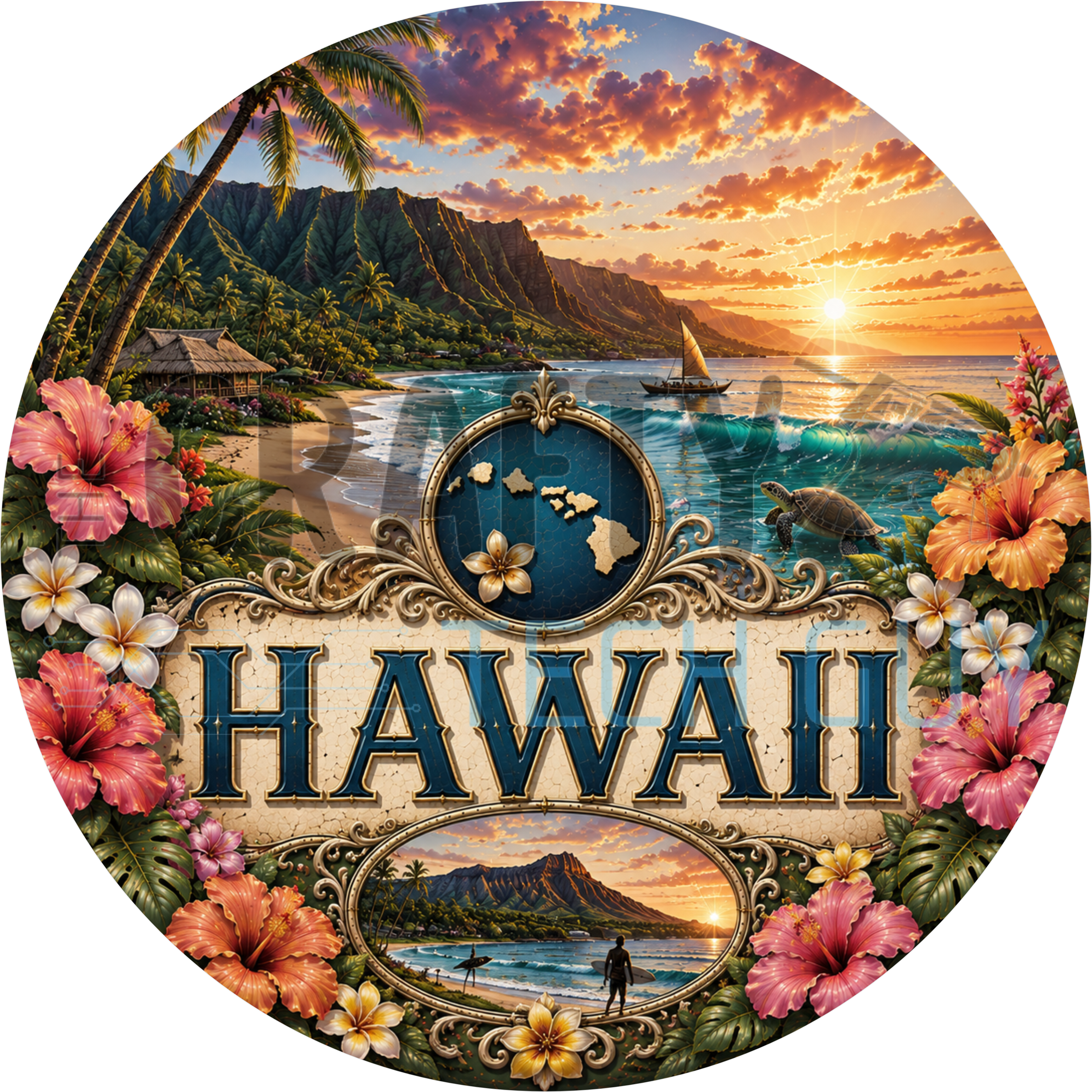 Hawaii round wreath sign in coated aluminum, showing red hibiscus, white plumeria, palm trees and a green sea turtle