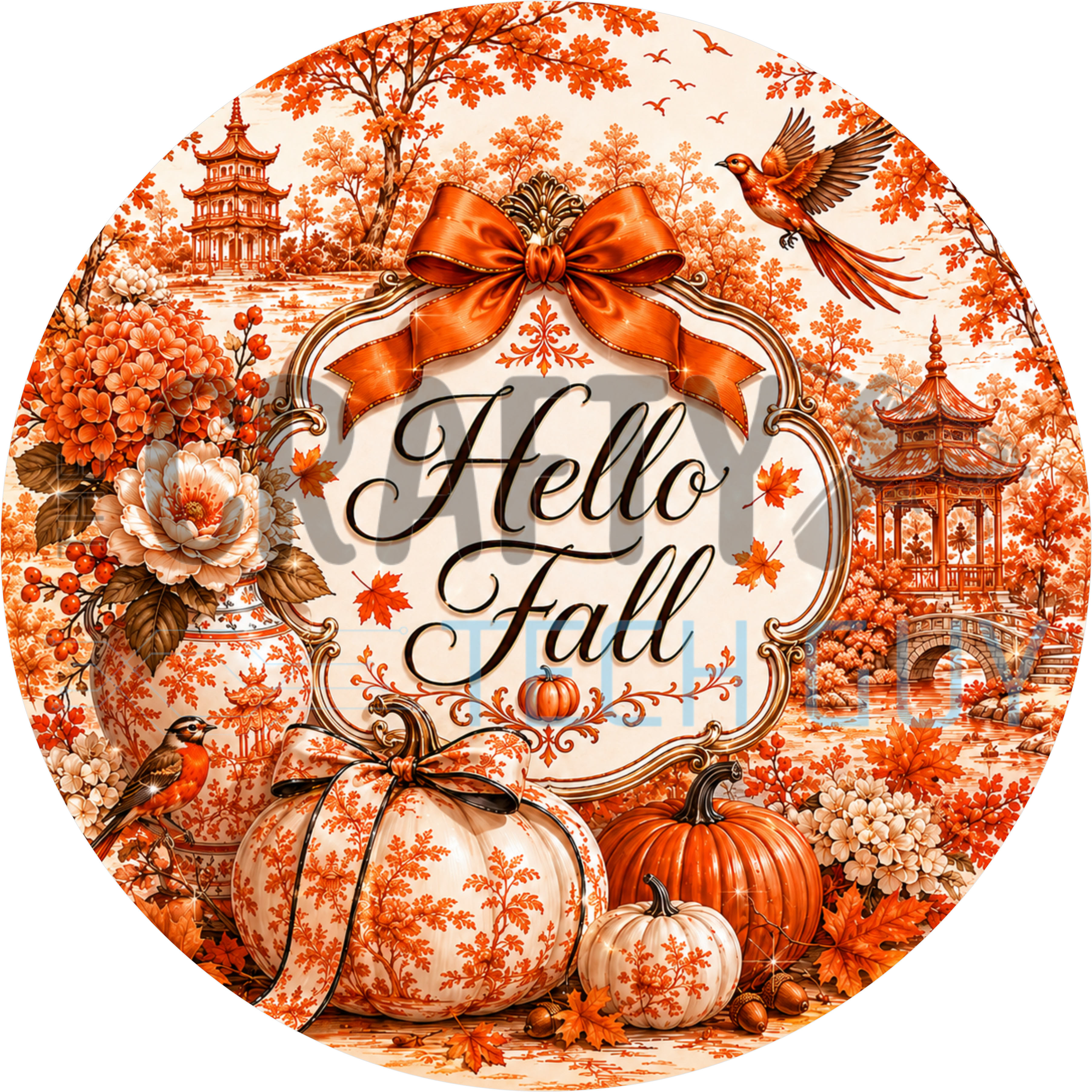 Hello Fall round sign with black script in a scrolled frame, orange bow, chinoiserie pagodas, birds and toile pumpkin