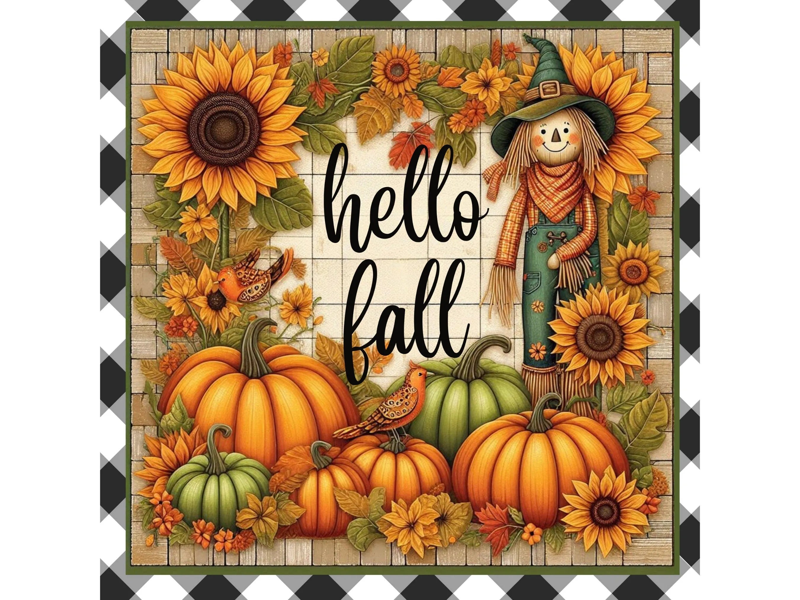 Hello Fall Scarecrow Sign, Metal Autumn Decor, Sunflowers and Pumpkins Fall Wreath, Rustic Farmhouse Wall Art