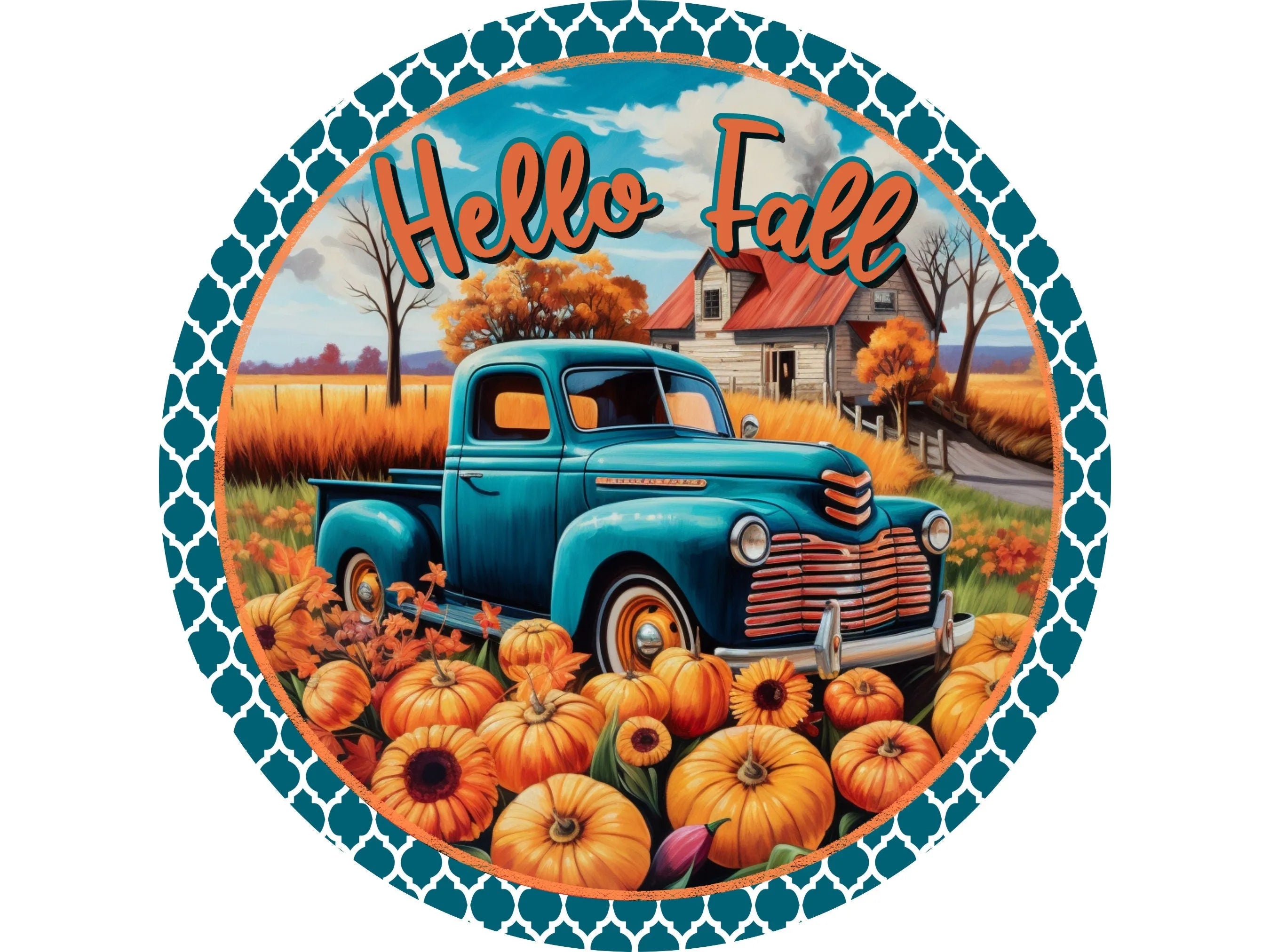 Hello Fall Teal Truck Sign, Metal Pumpkin Patch Decor, Rustic Autumn Farmhouse Wall Art, Fall Harvest Sign