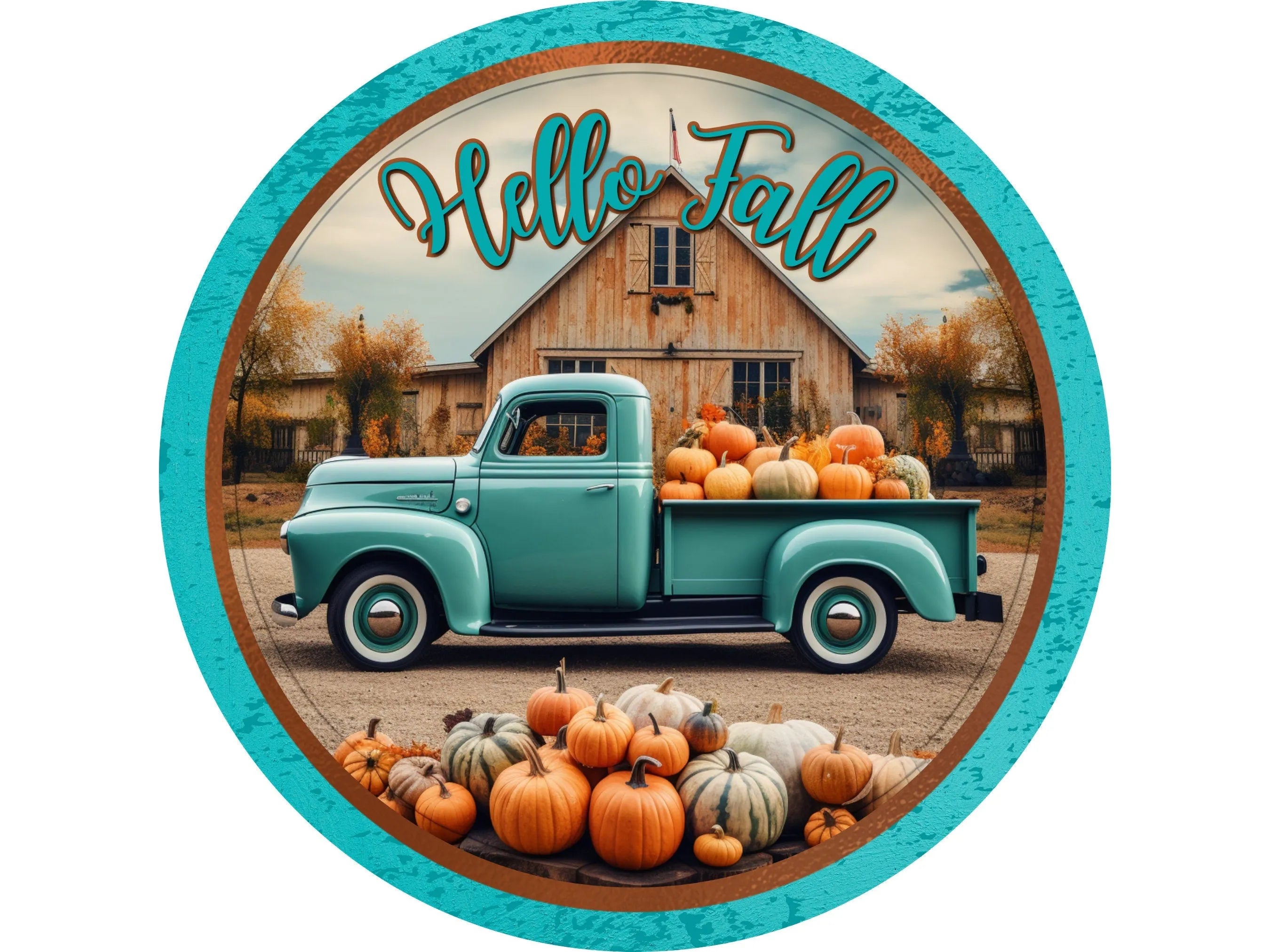 Hello Fall Teal Truck Sign, Metal Pumpkin Patch Decor, Rustic Autumn Farmhouse Wall Art, Fall Harvest Sign