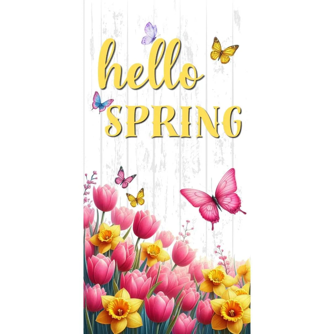 Hello Spring Sign - Vertical Shiplap Floral Decor with Tulips, Daffodils, and Butterflies - Bright Spring Wall Art