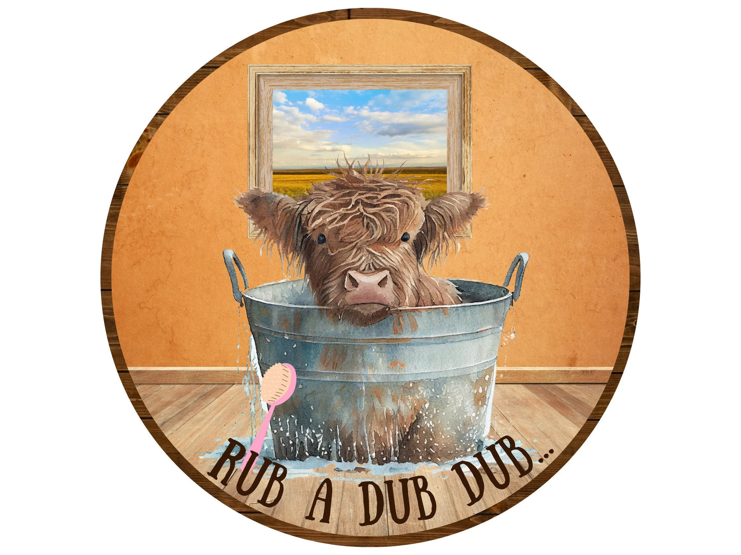 highland cow in bathtub wreath sign, highland cow in washtub sign, farm life welcome sign, farmhouse cow sign, highland cow taking a bath