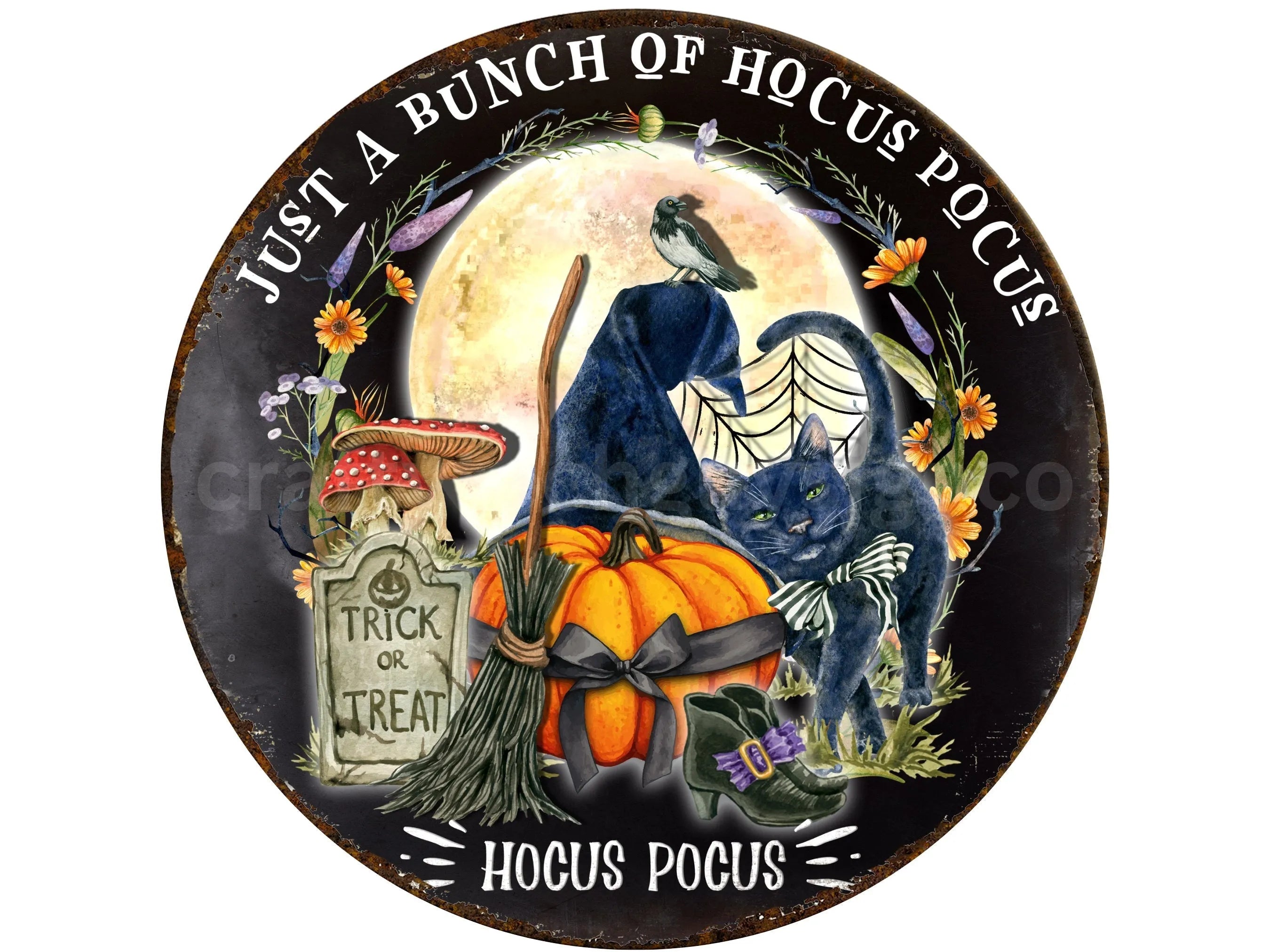 hocus pocus black cat witch broom wreath sign, Halloween graveyard spider web sign, sign for Happy Halloween