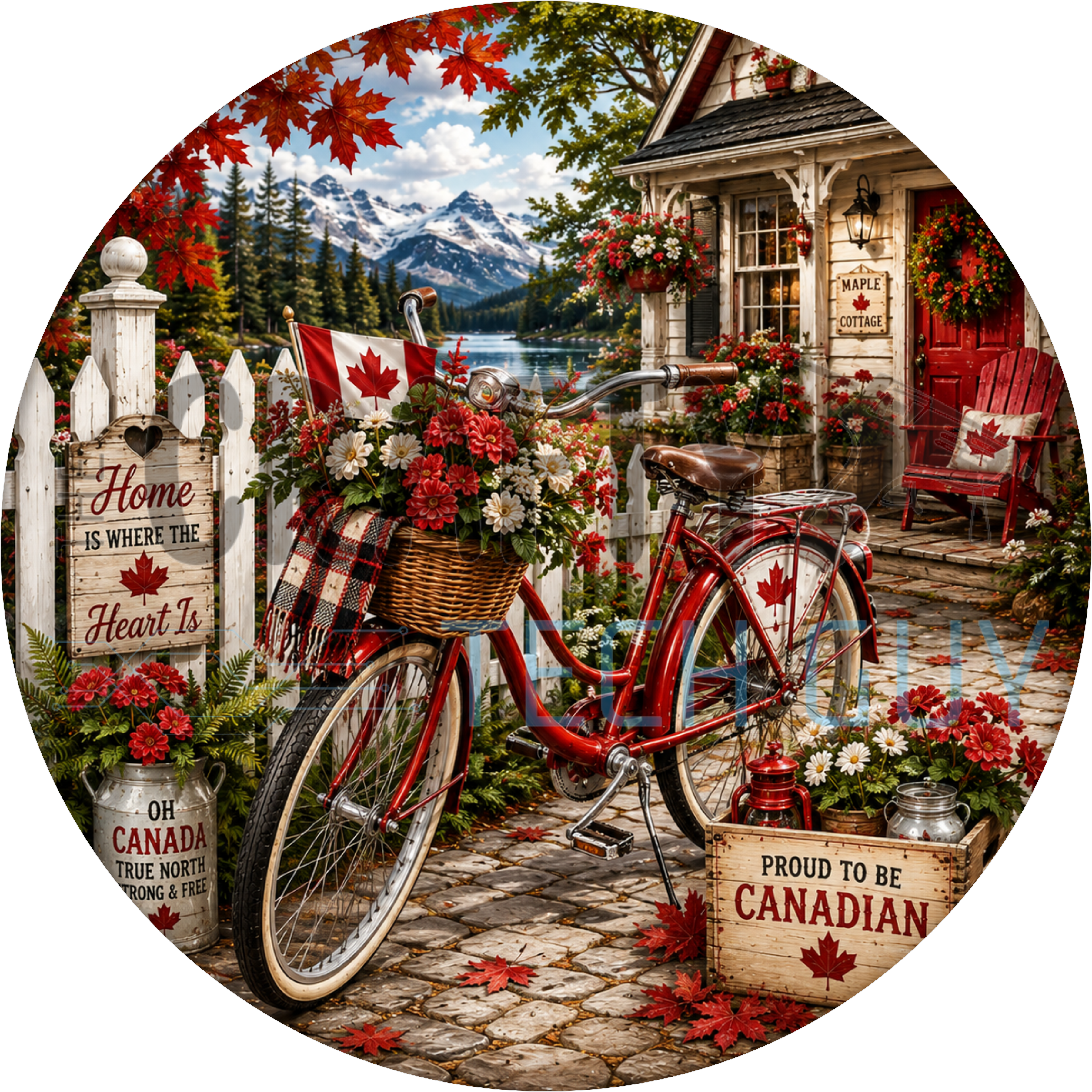 Home Is Where The Heart Is round sign with red bicycle, flower basket, stone cottage, Canadian flag and mountain lake