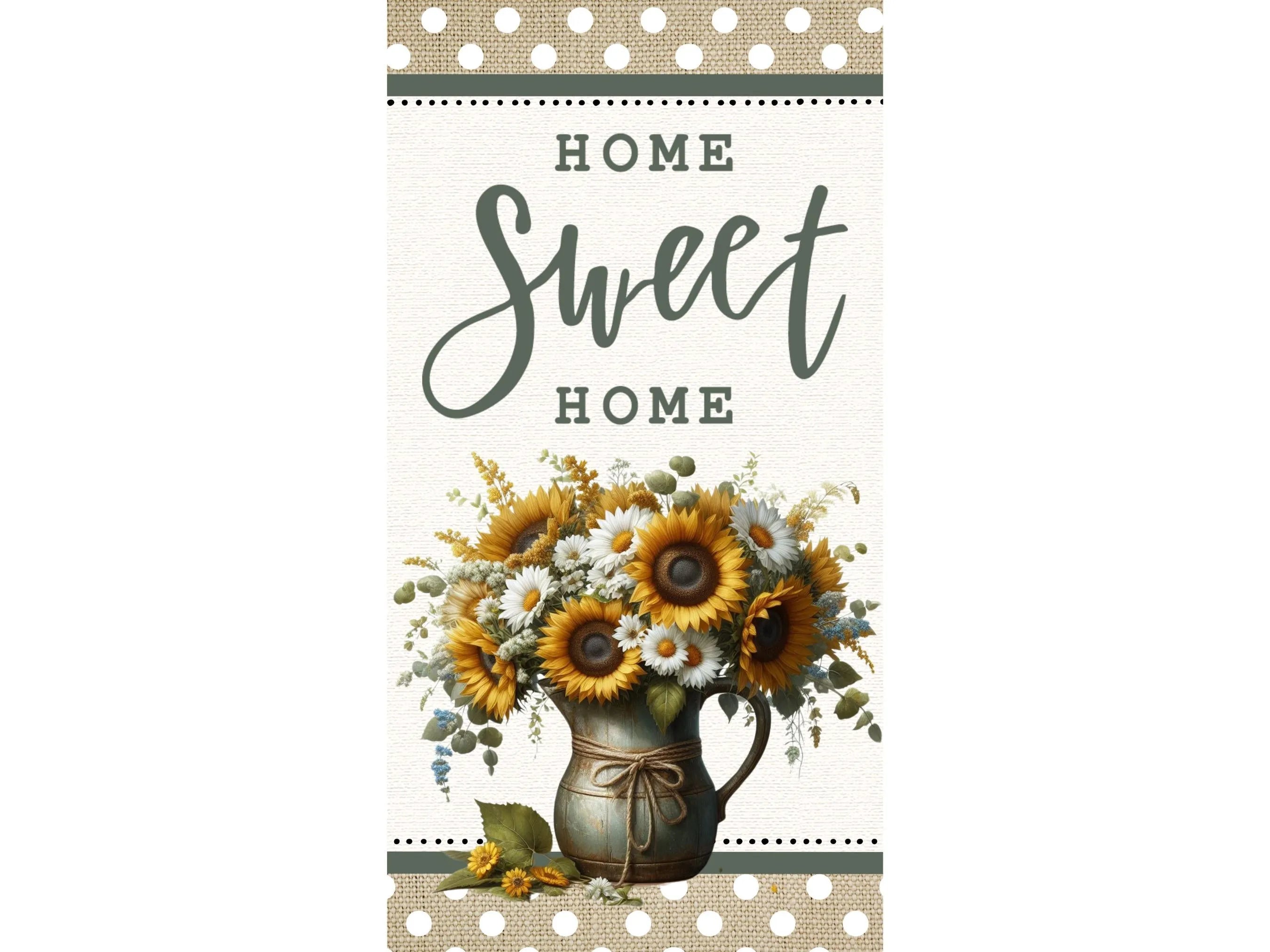 Home Sweet Home Sign | Sunflower Pitcher Wall Art | Rustic Farmhouse Home Decor | Vertical Burlap Polka Dot Sunflower Sign