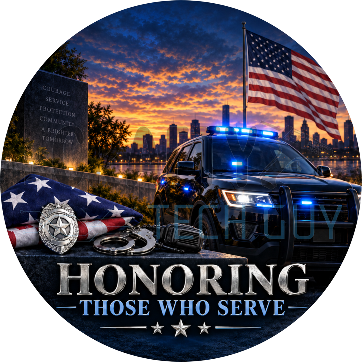 Honoring Those Who Serve round wreath sign with a police SUV, granite memorial monument, folded flag and star badge at sunset