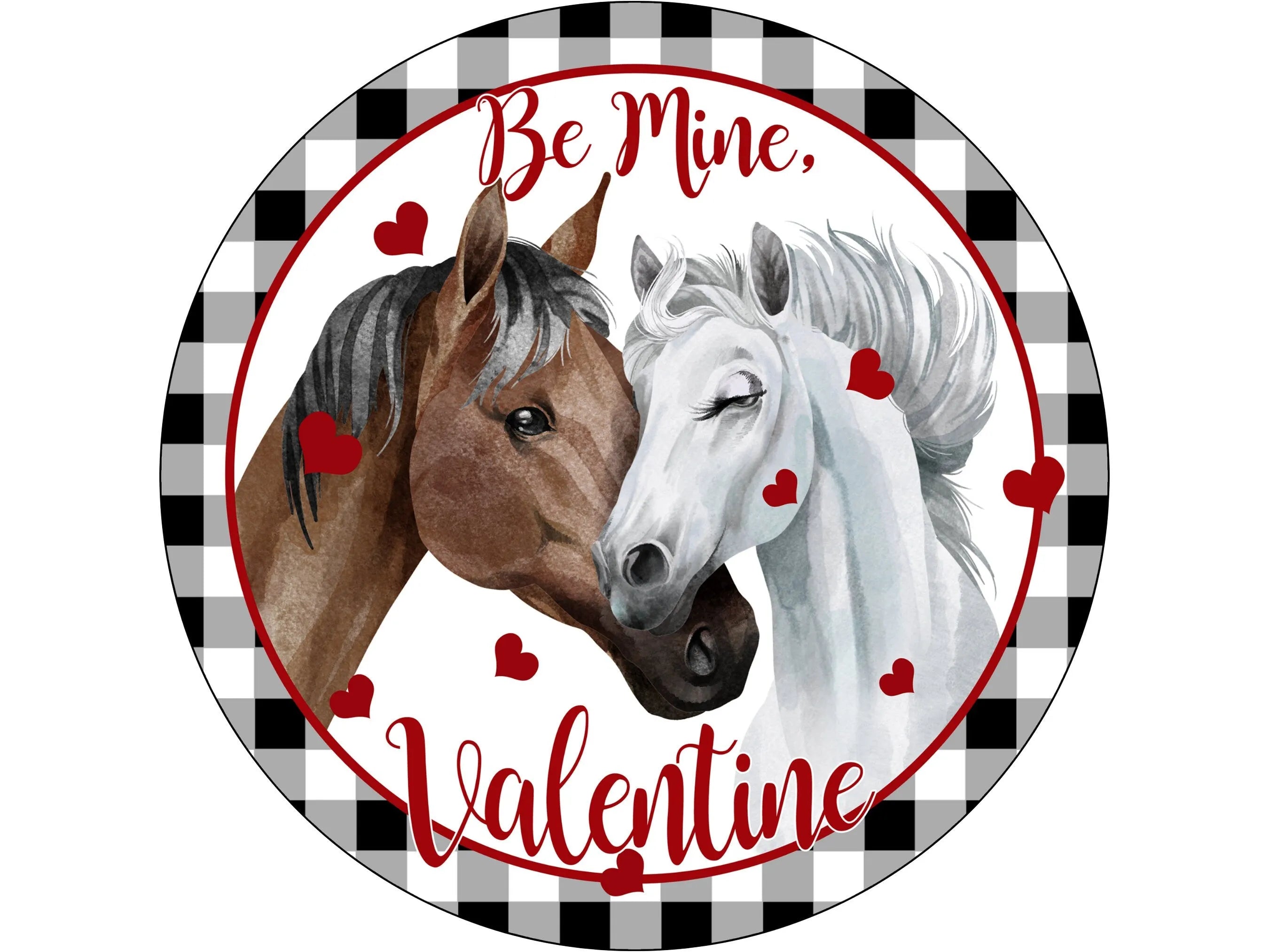 horses in love happy valentines day wreath sign, horse couple with gifts valentine's day sign, horses exchanging kisses wall art