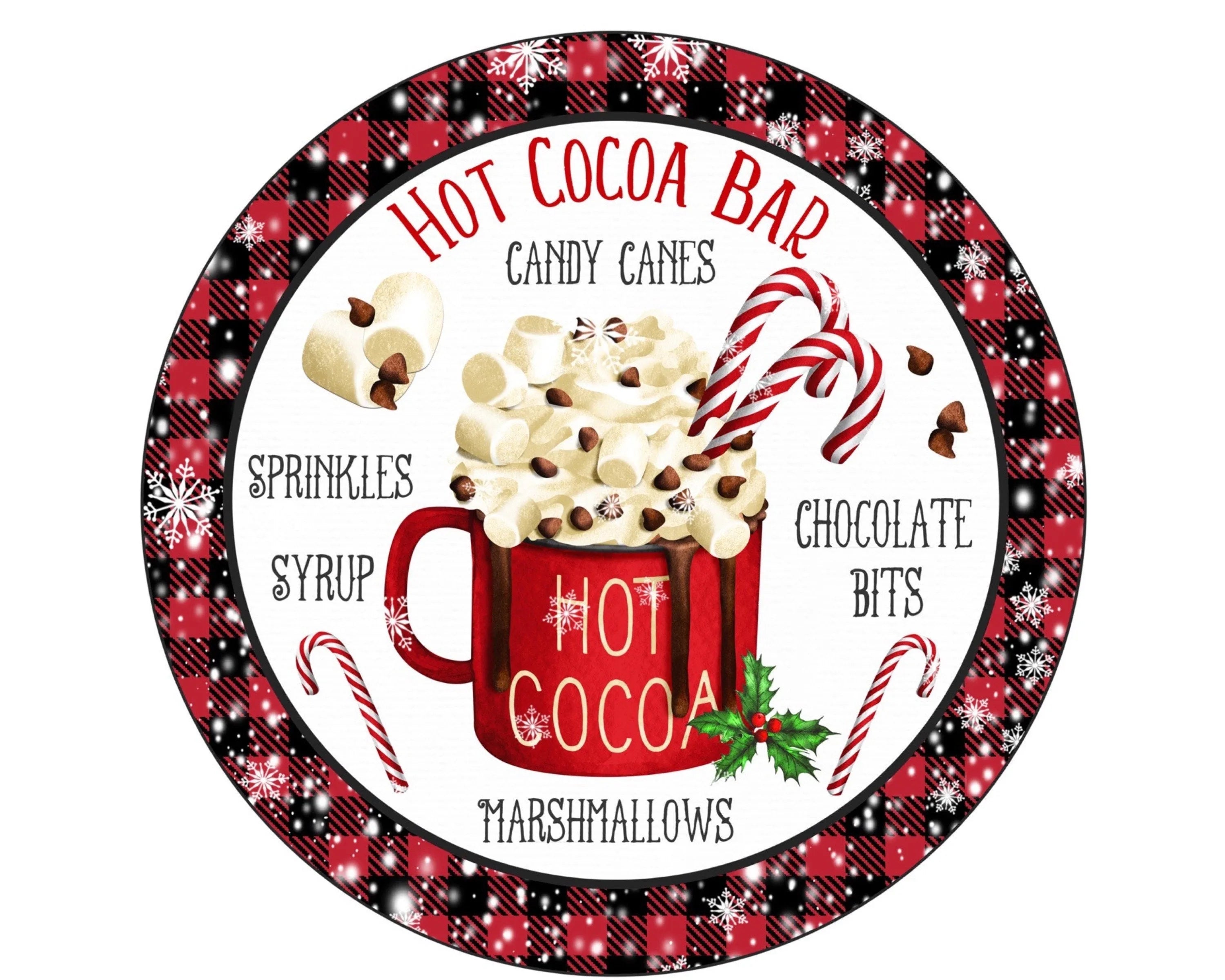 Hot Cocoa Bar metal wreath Sign, Buffalo Plaid Christmas Decor, Winter Hot Chocolate Station wall art, cocoa bar tiered tray sign