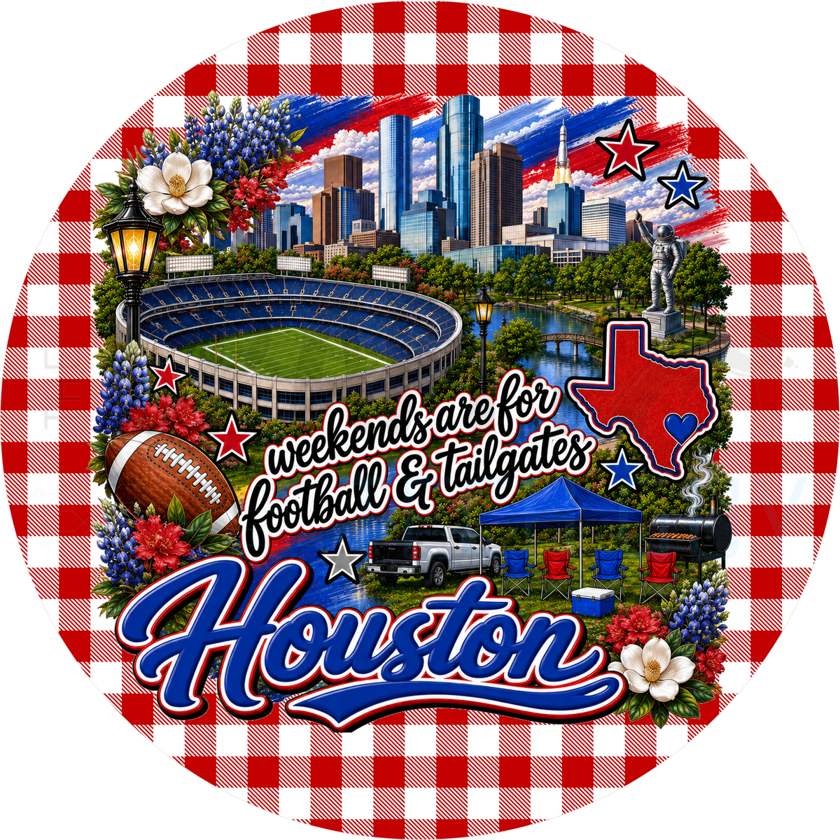 Houston football tailgate round wreath sign with red gingham border, downtown skyline, stadium, Texas state outline and a tailgate scene