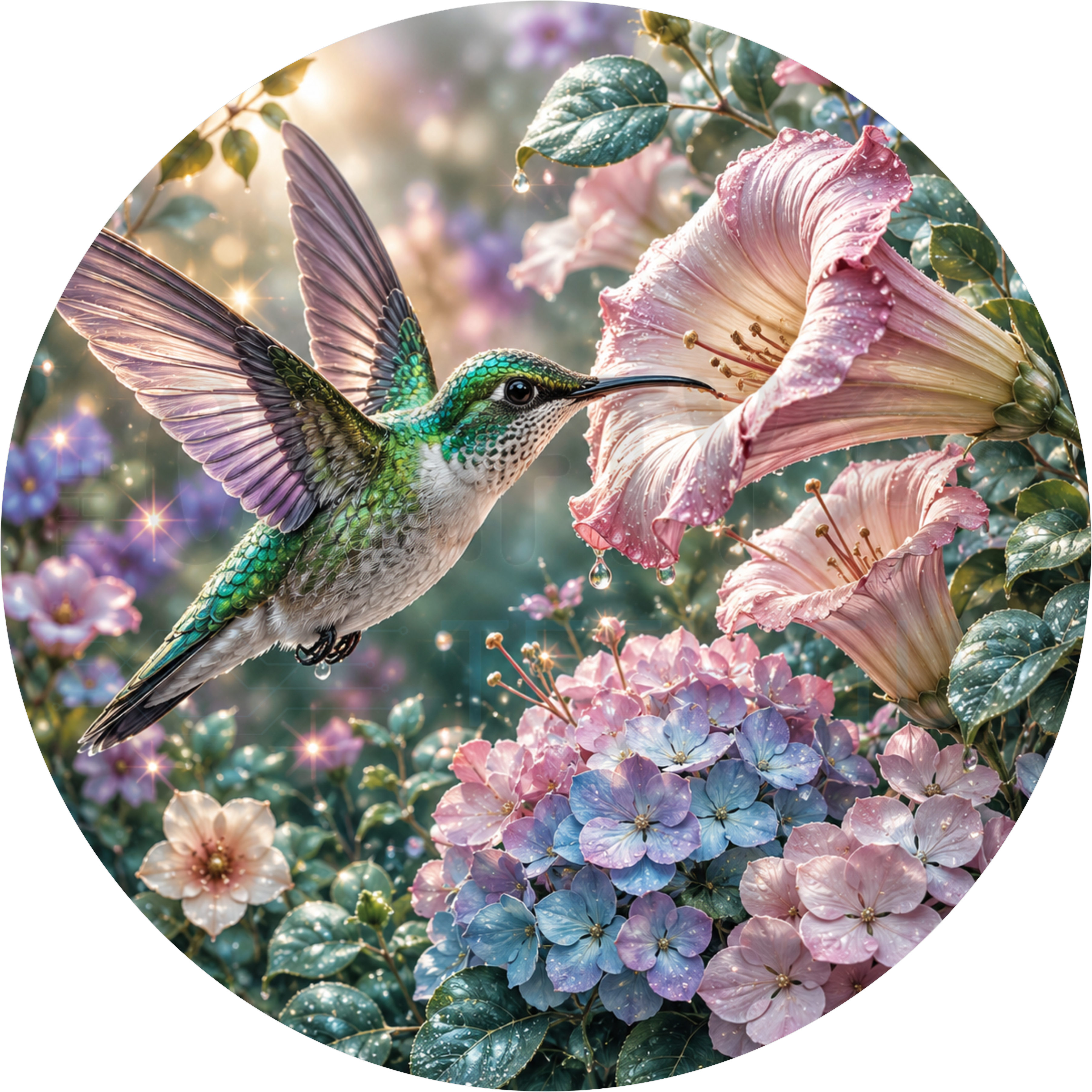 Hummingbird round wreath sign hovering at a pink trumpet flower with pink and lavender hydrangea in a sparkling spring garden