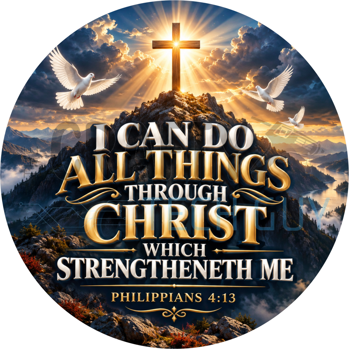 I Can Do All Things Through Christ Philippians 4:13 round wreath sign with a wooden cross on a summit, sunburst rays and white doves