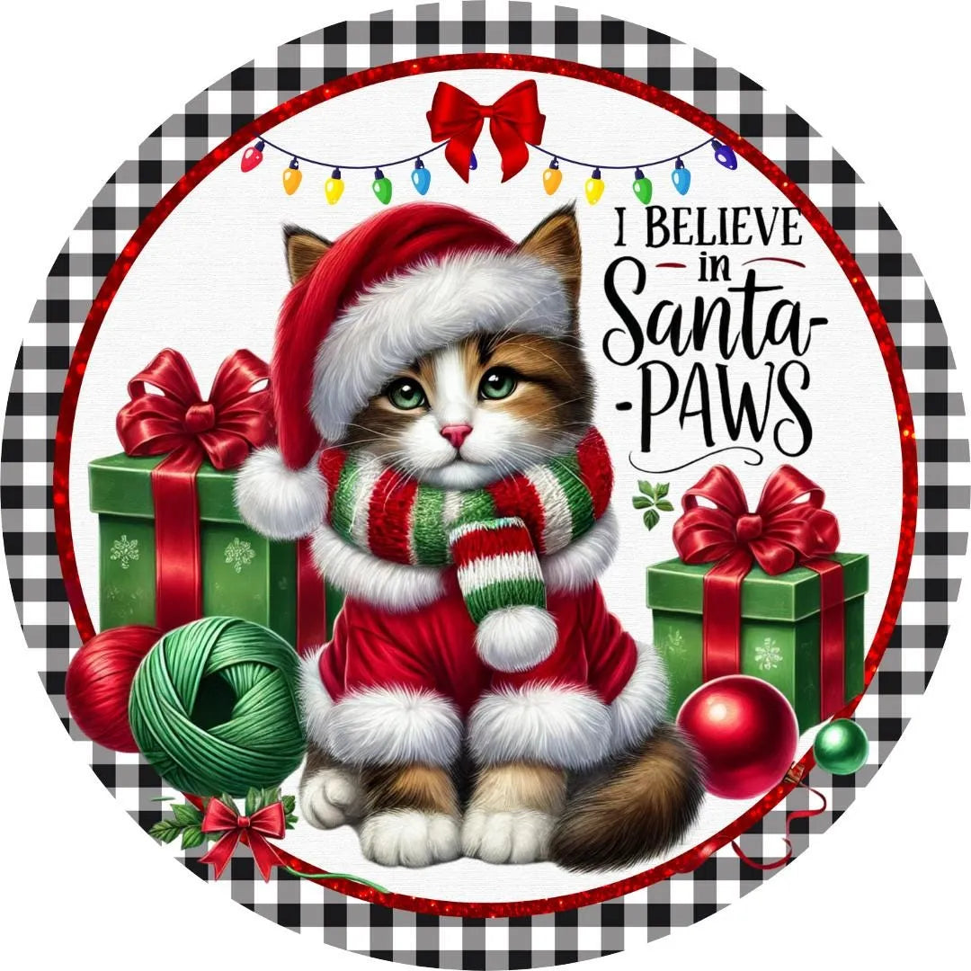 I Believe in Santa Paws" Cat Christmas Sign - Festive Kitty with Santa Hat, Gifts & Lights, Perfect for Cat Lovers, Holiday Wall Decor