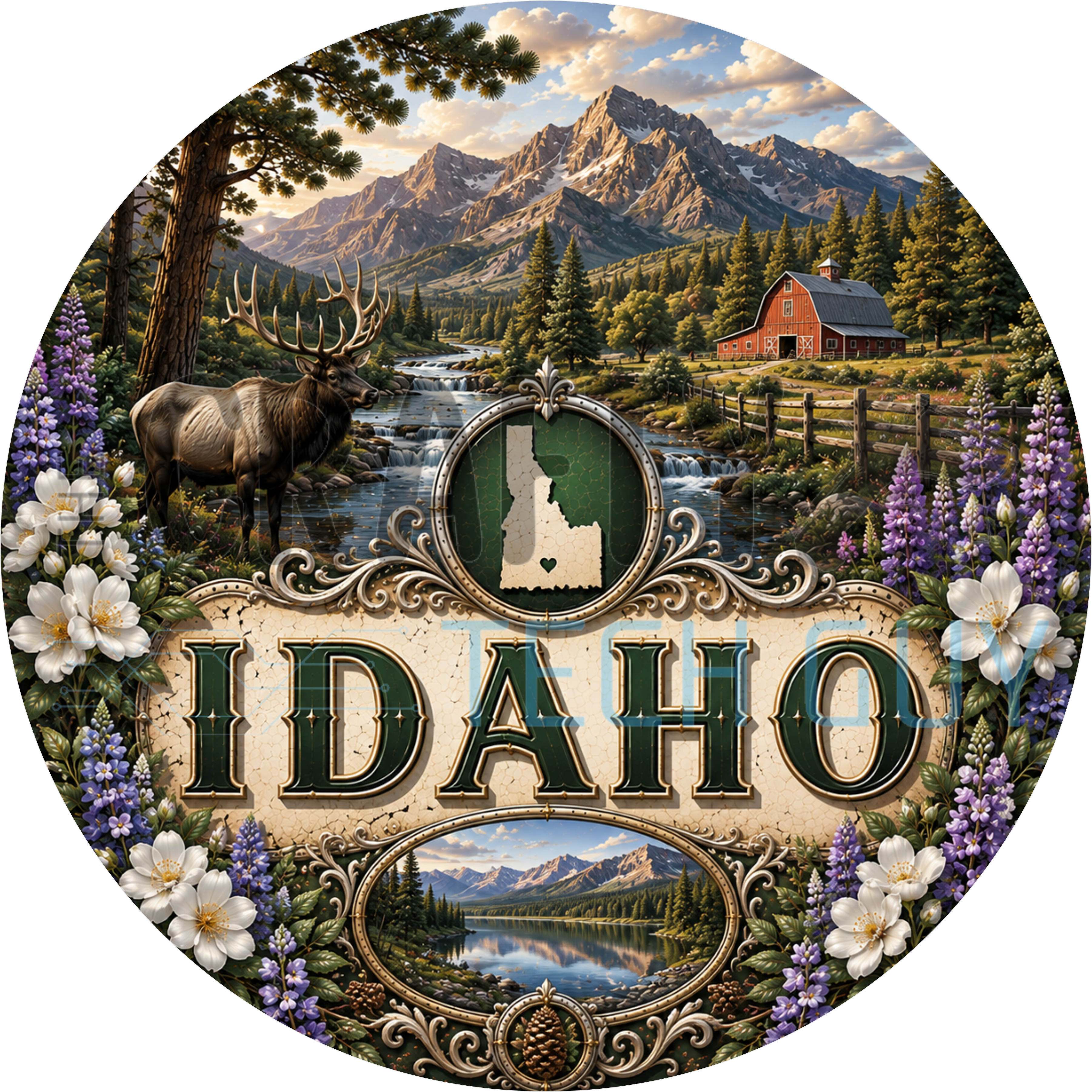 Idaho round wreath sign in coated aluminum, showing white syringa, purple lupine, an elk and a mountain waterfall