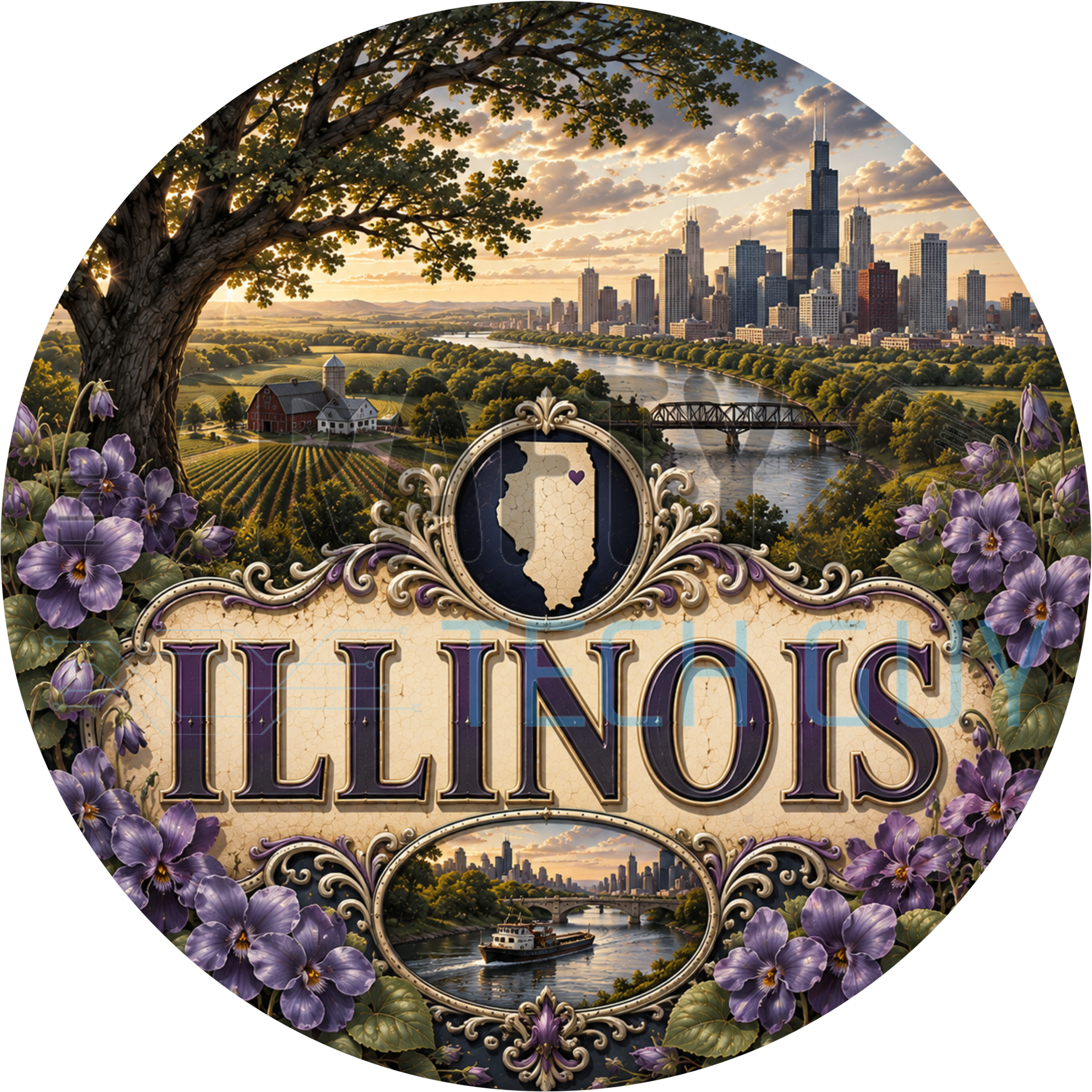 Illinois round wreath sign in coated aluminum, showing purple violets, the Chicago skyline and a red barn on golden prairie