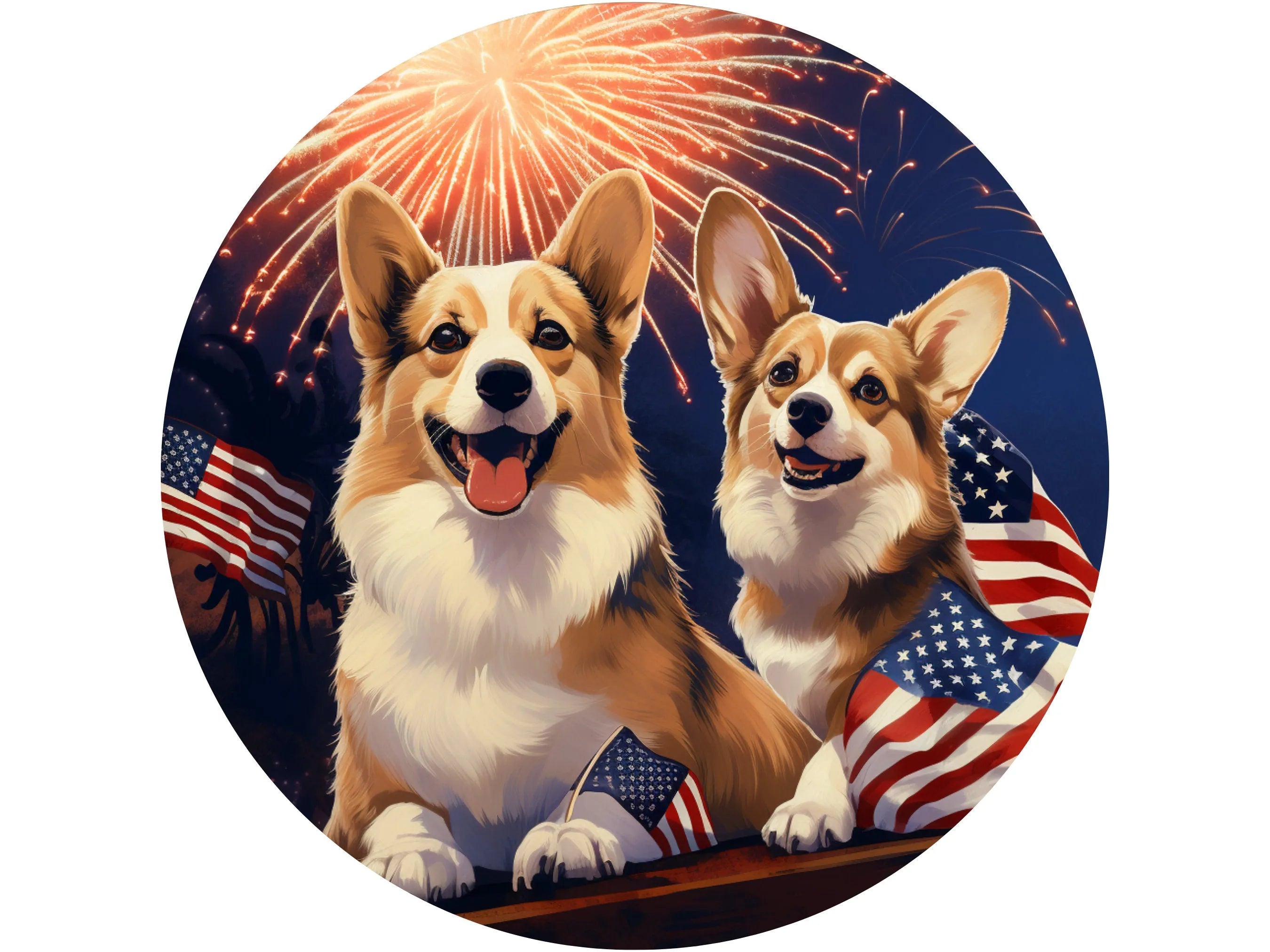 Independence Day celebration with fireworks metal wreath sign, Patriotic Corgis Stars and Stripes Wall Art