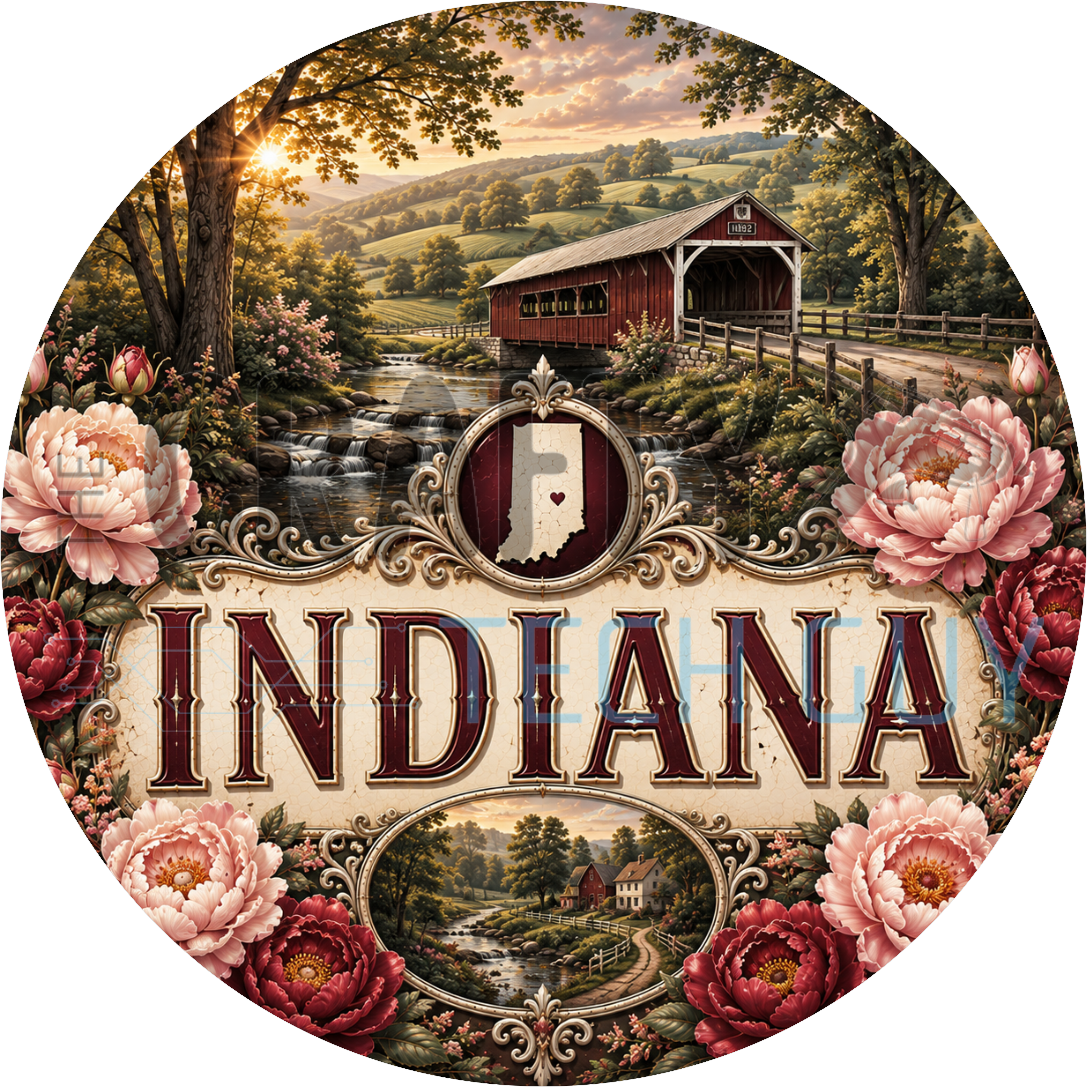 Indiana round wreath sign in coated aluminum, showing pink peonies, a red covered bridge, a creek and farm fields