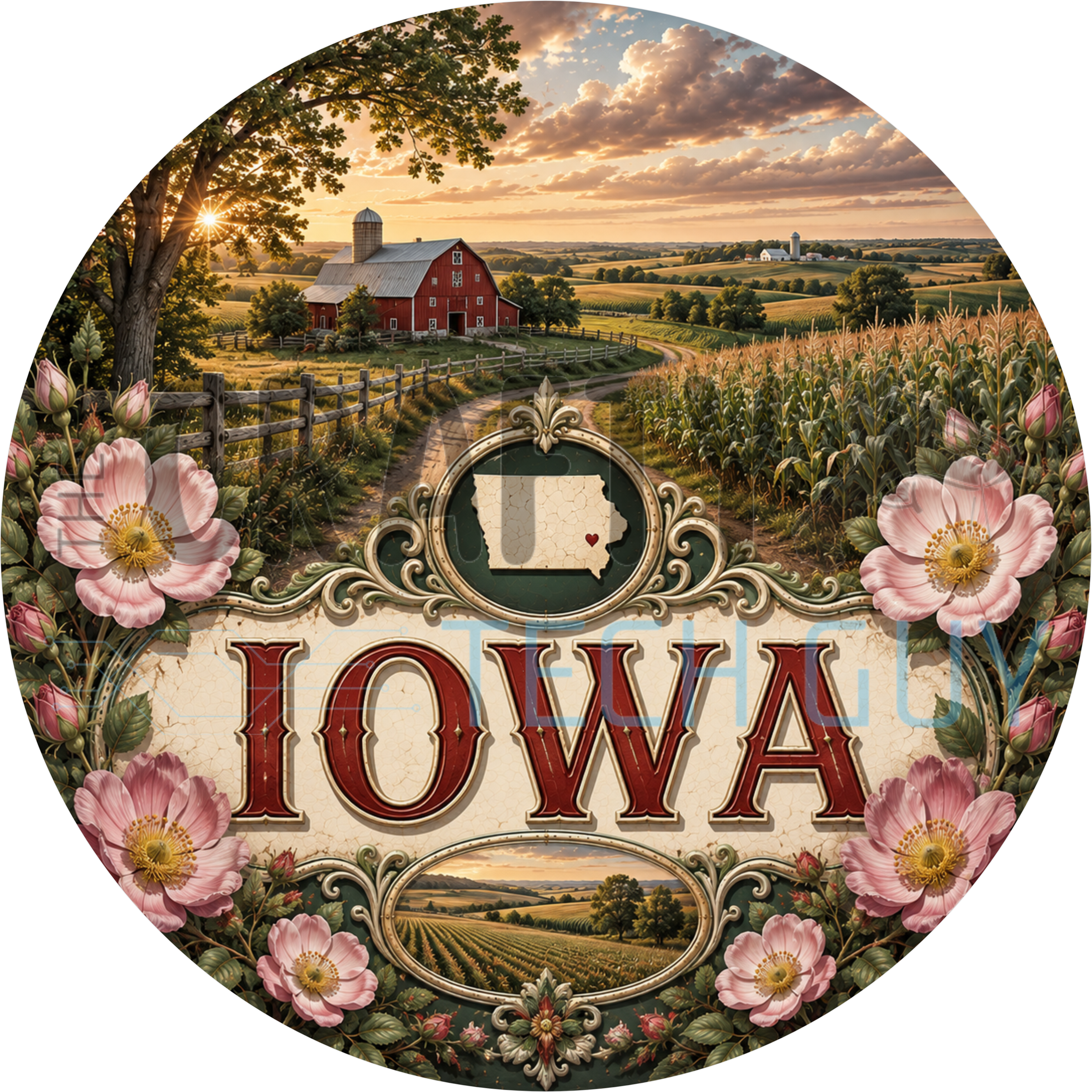Iowa round wreath sign in coated aluminum, showing pink wild prairie roses, a red barn with silo and rows of corn