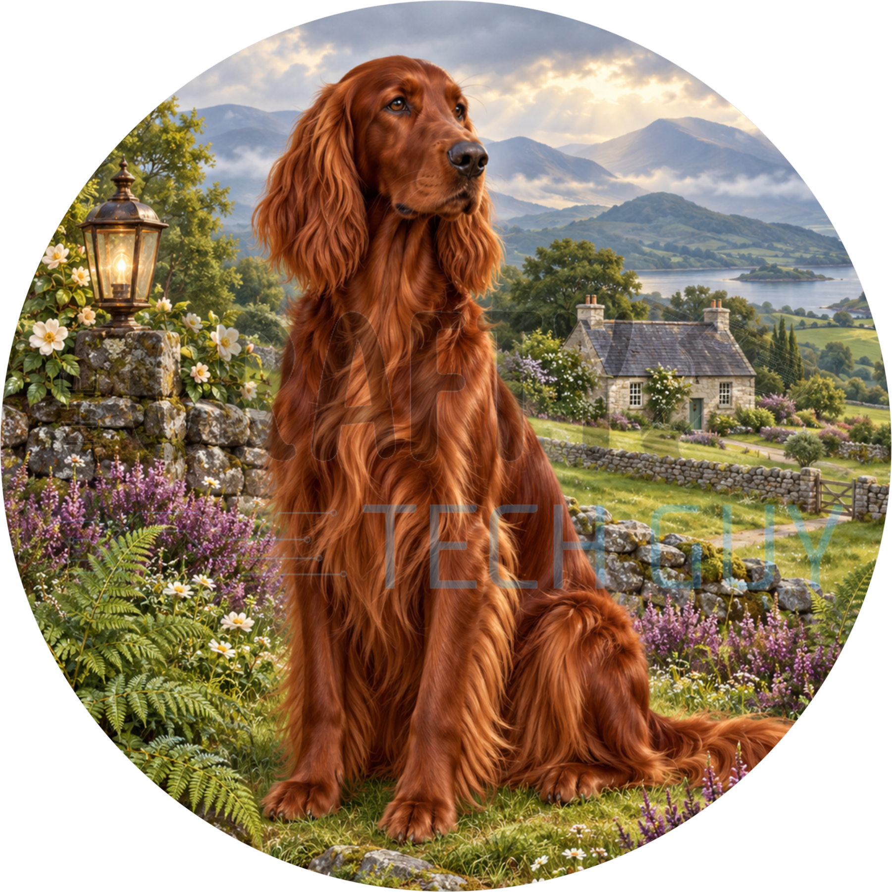 Mahogany Irish setter round wreath sign on a hillside beside a mossy stone wall with a slate-roofed cottage and purple heather