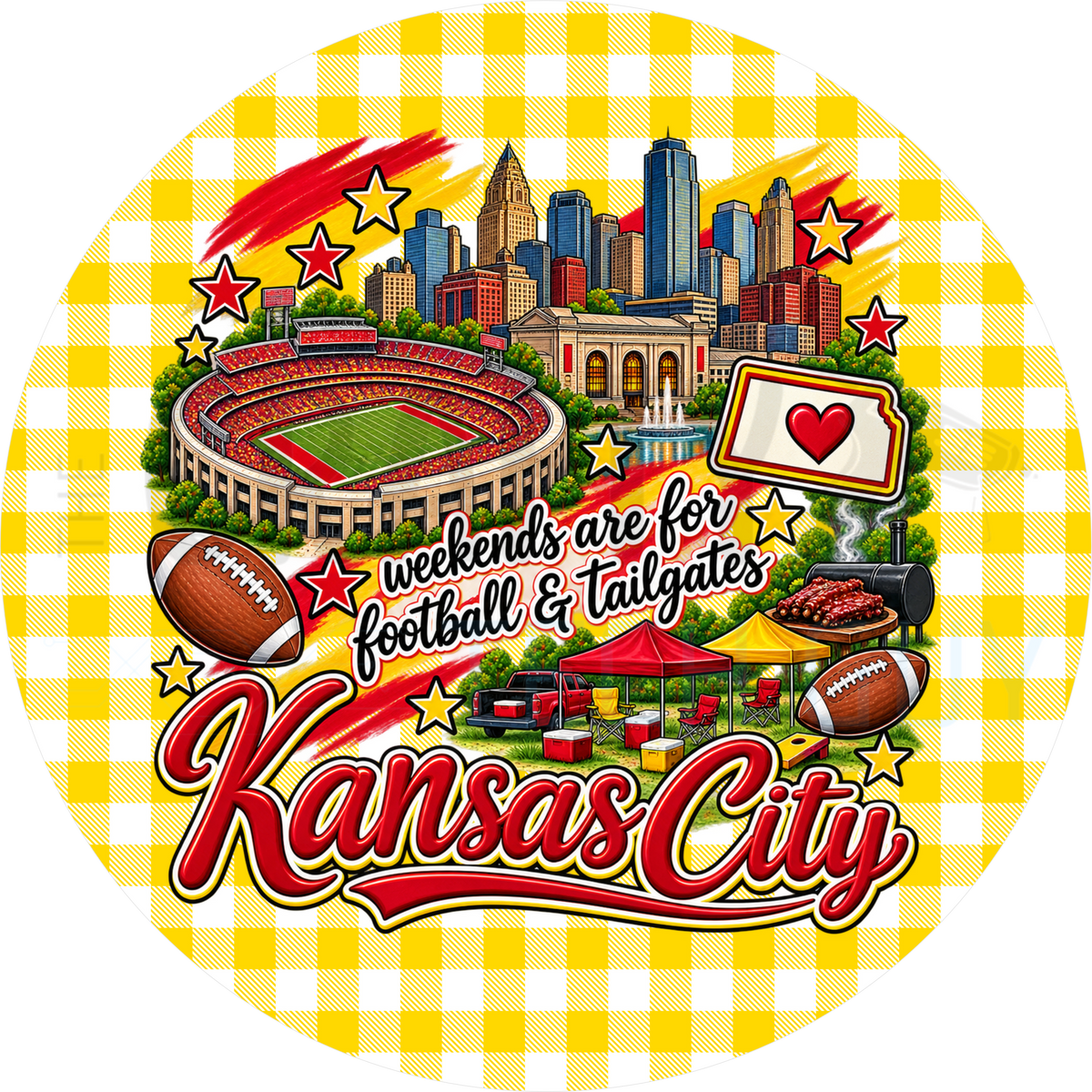 Kansas City football tailgate round wreath sign with yellow gingham border, downtown skyline, fountain, stadium, Kansas state outline and barbecue ribs