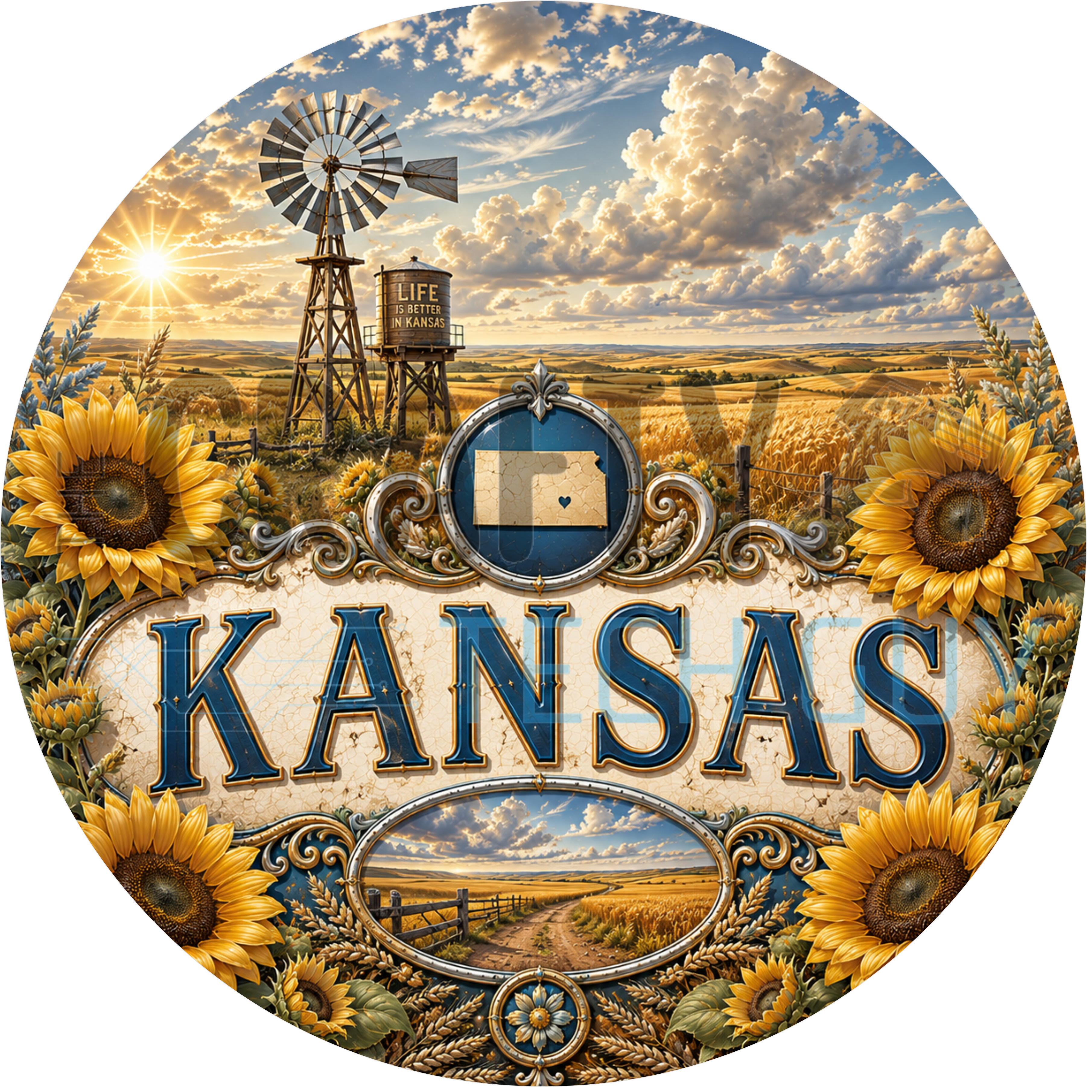 Kansas round wreath sign in coated aluminum, showing golden sunflowers, ripe wheat, a farm windmill and a water tower