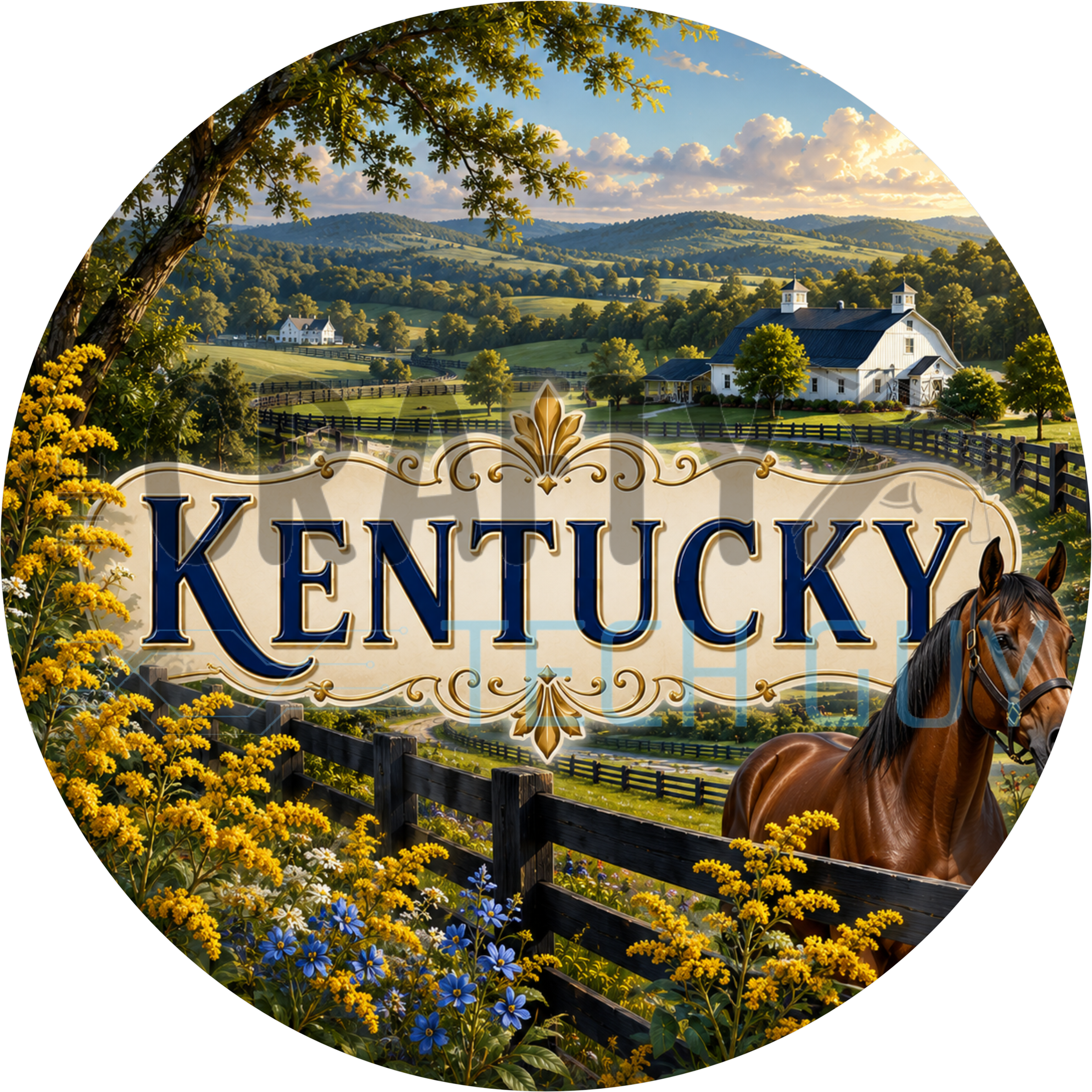 Kentucky round wreath sign in coated aluminum, showing a chestnut thoroughbred on bluegrass pasture with a black horse barn and goldenrod
