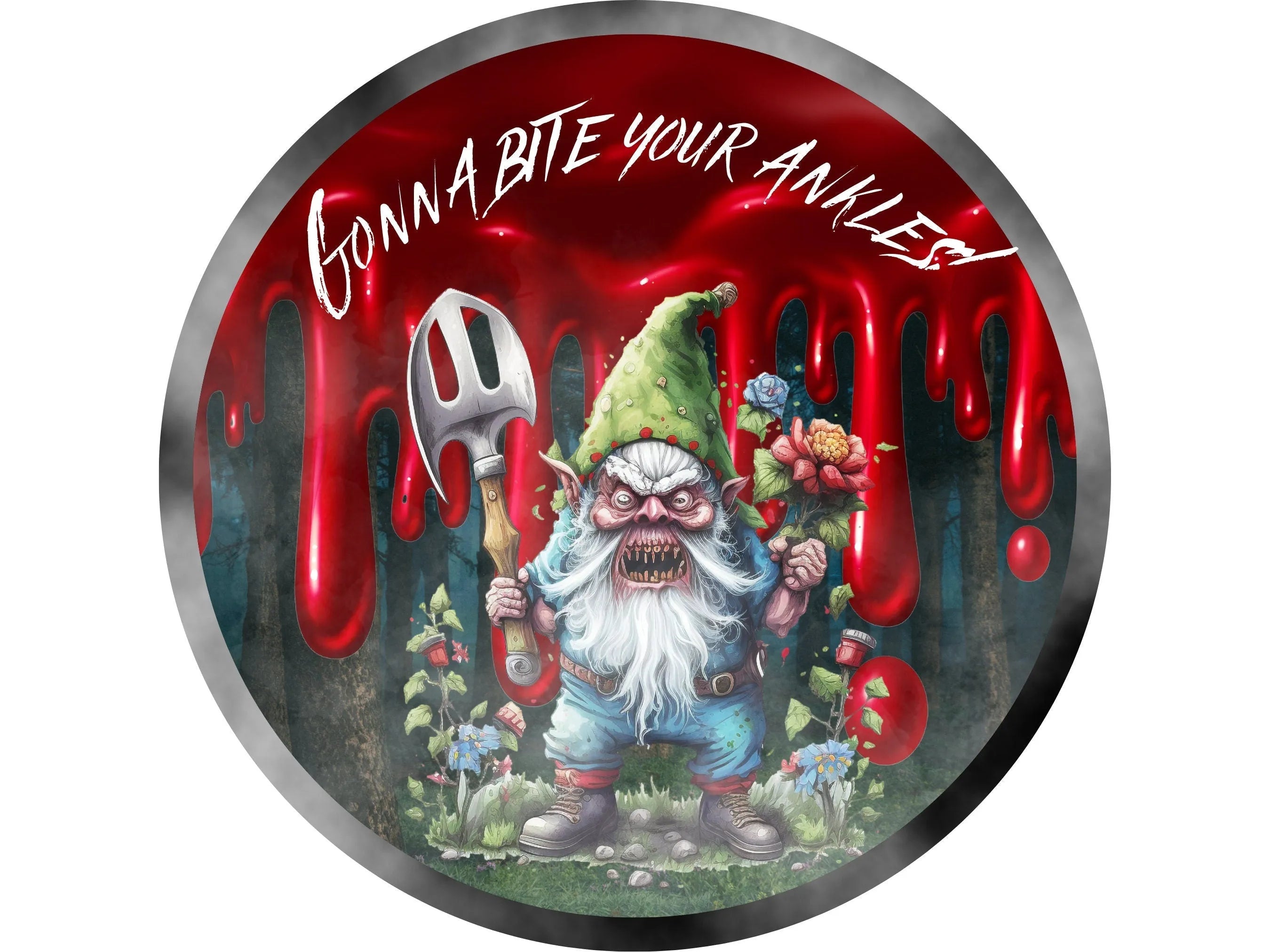 killer gnome in a garden with blood dripping wreath sign, sign for Halloween, sign for October