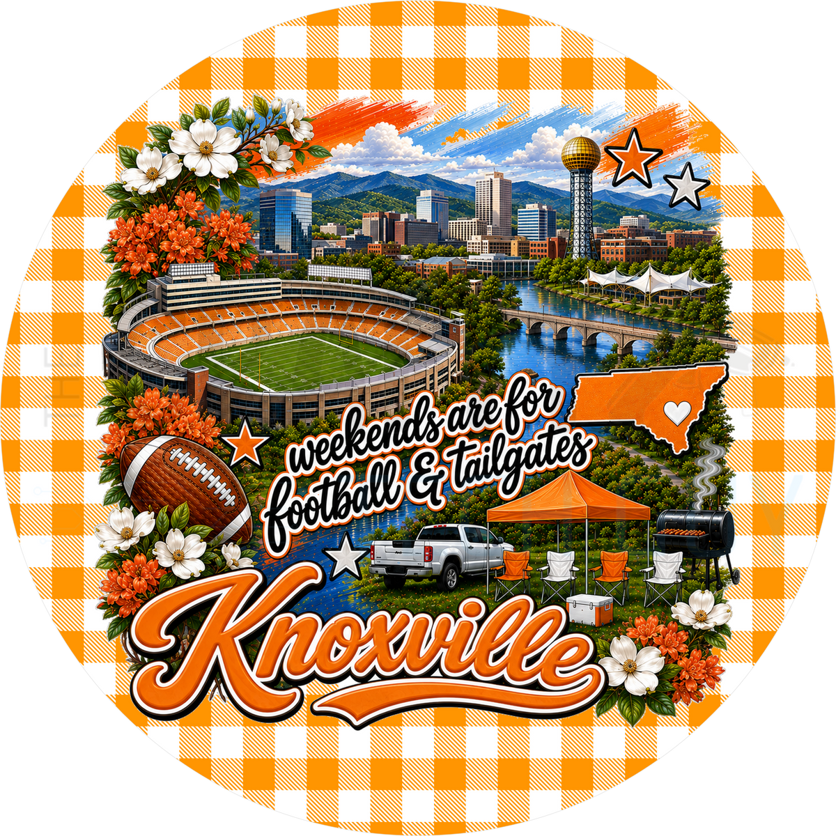 Knoxville football tailgate round wreath sign with orange gingham border, the Sunsphere, stadium, Tennessee state outline and a tailgate scene