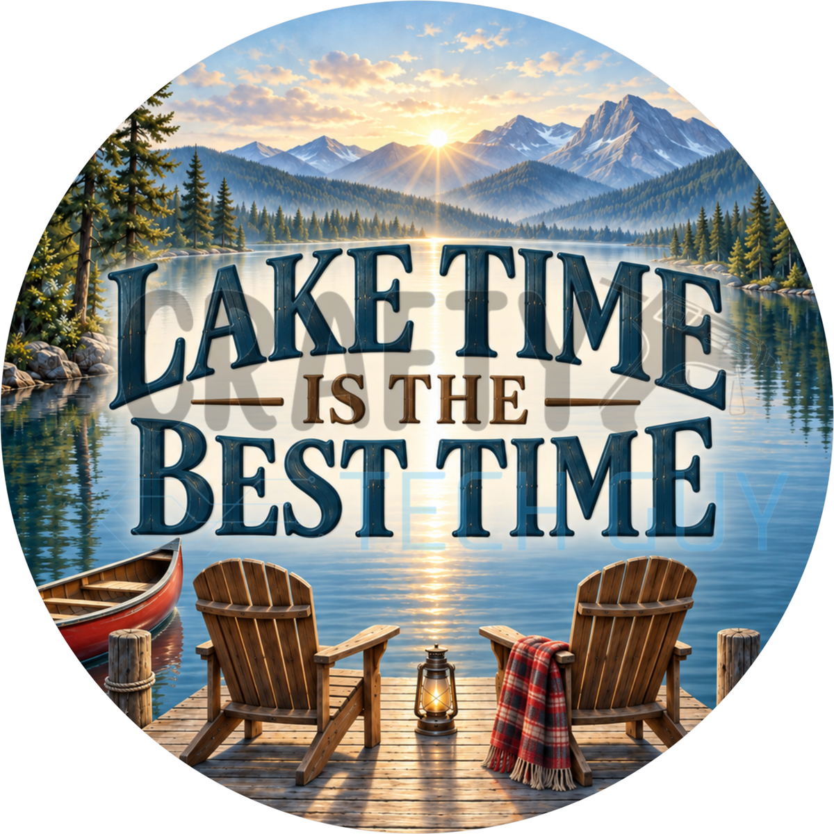 Lake Time Is The Best Time round wreath sign with two Adirondack chairs on a dock, red canoe, lantern and snow-capped mountains