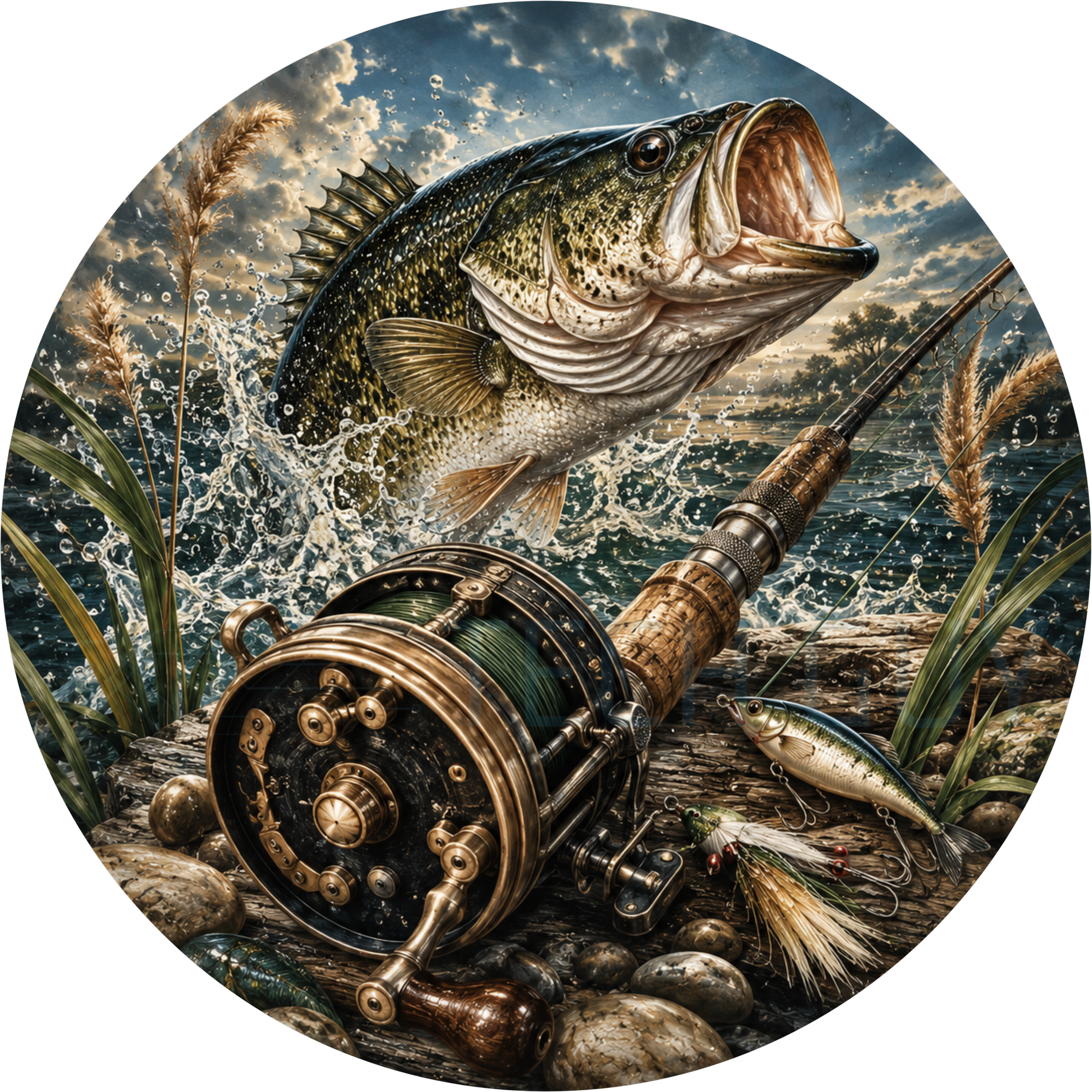 Largemouth bass round wreath sign showing the fish jumping from the water above a brass baitcasting reel, cork rod and fishing lures on river stones