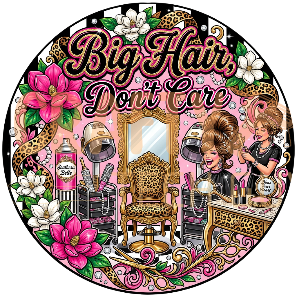 Leopard print pink Southern salon illustration with Big Hair Don't Care quote sign