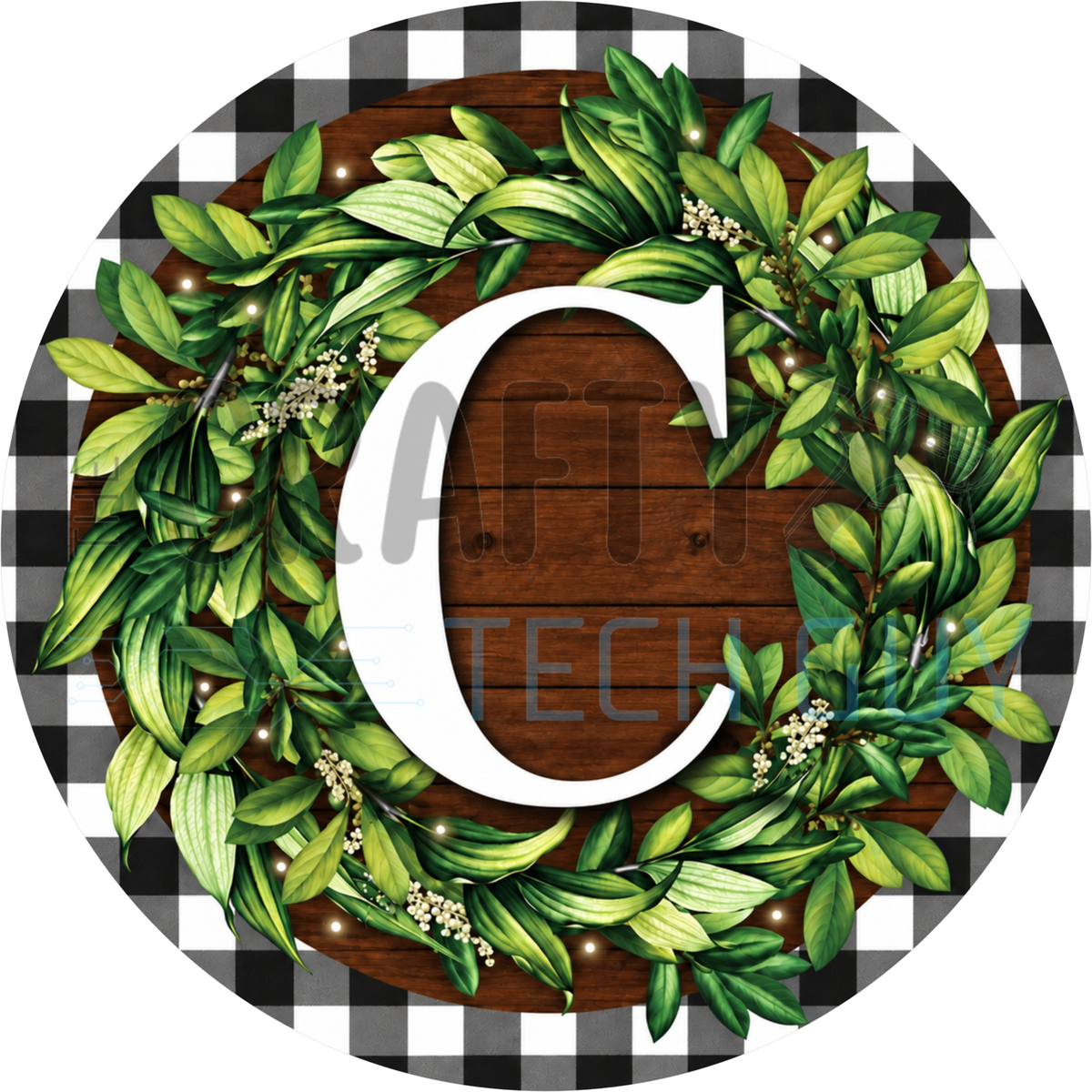 Round monogram wreath sign with a white letter C inside a green leaf wreath on dark wood planks with a black and white buffalo check border