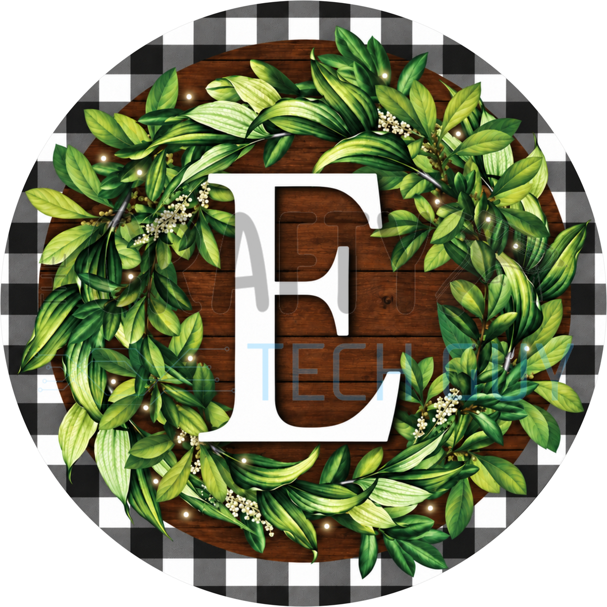 Round monogram wreath sign with a white letter E inside a green leaf wreath on dark wood planks with a black and white buffalo check border