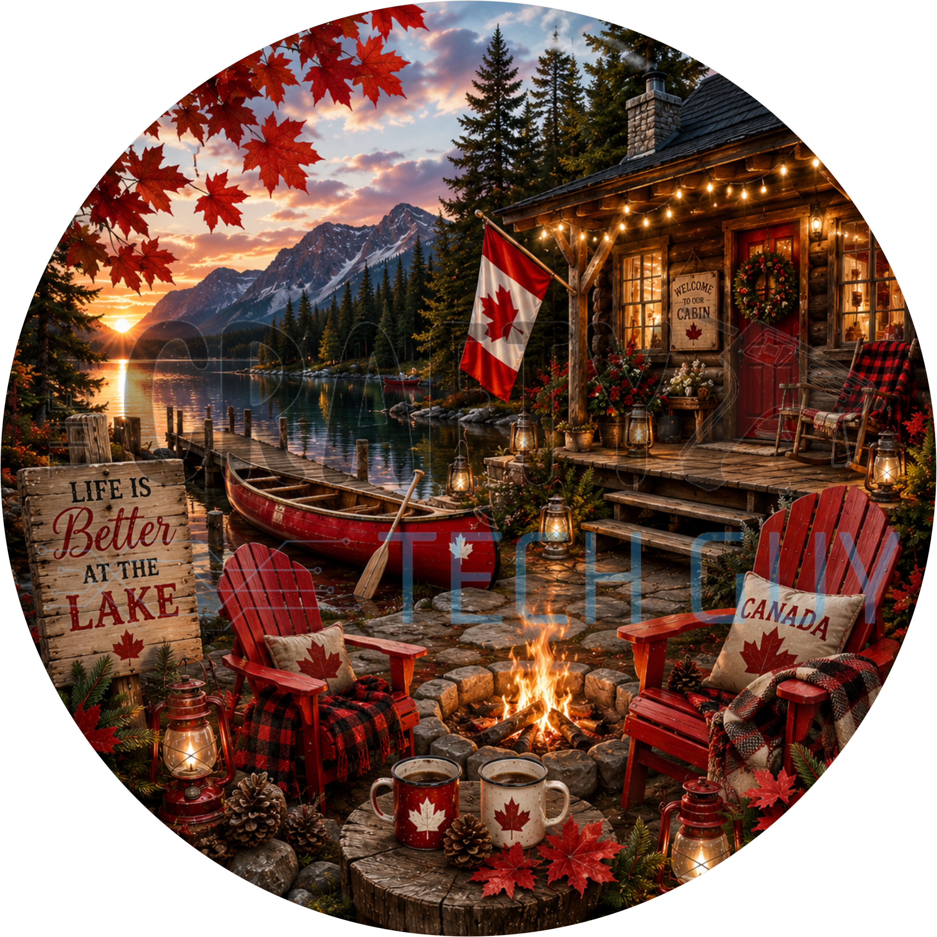 Life Is Better At The Lake round sign with log cabin, red canoe, campfire, Adirondack chairs and Canadian flag at sunset