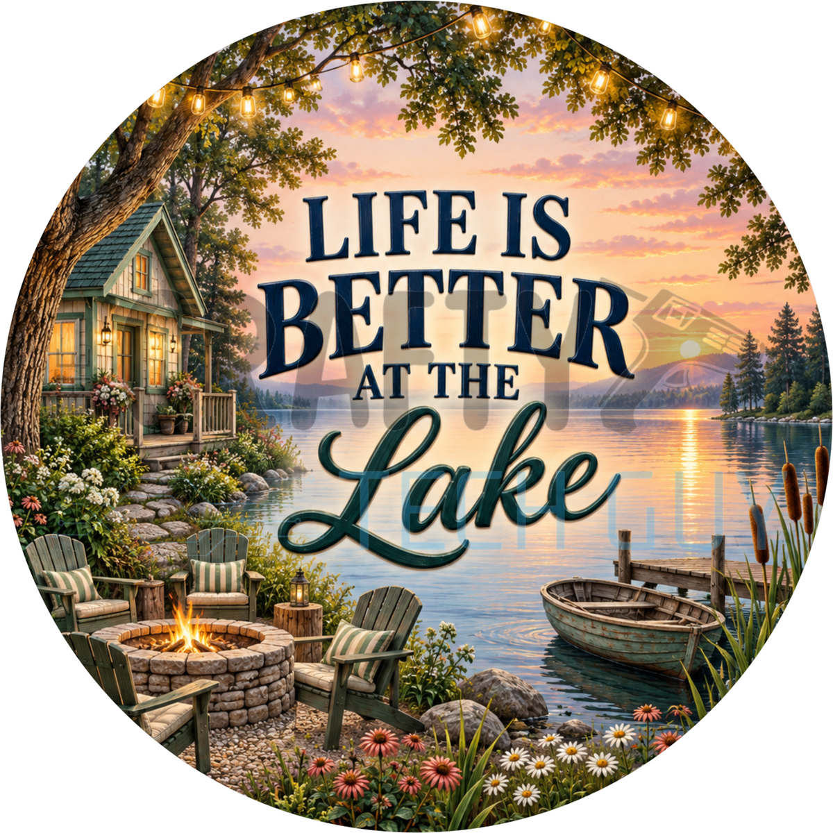 Life Is Better At The Lake round wreath sign with a sage cottage under cafe lights, stone fire pit, dock and rowboat at sunset
