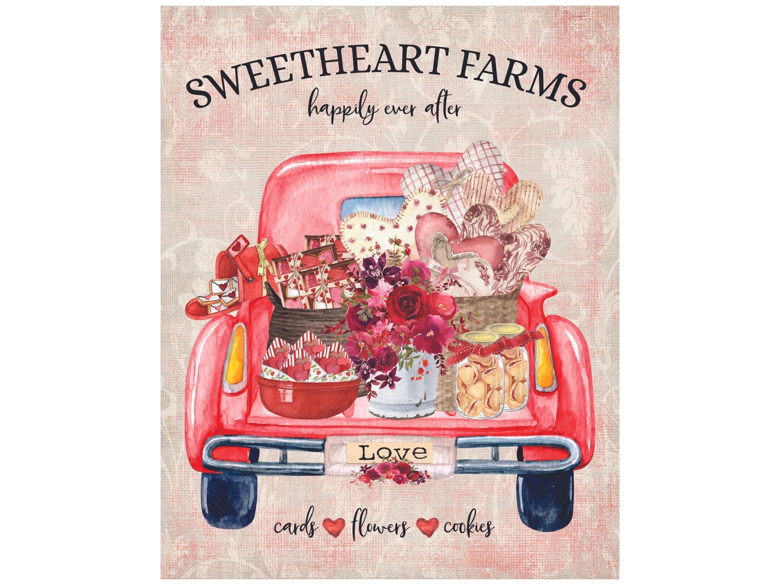 loads of gifts red vintage truck happy valentine's day wreath sign, floral farmhouse antique truck valentine gifts wall art