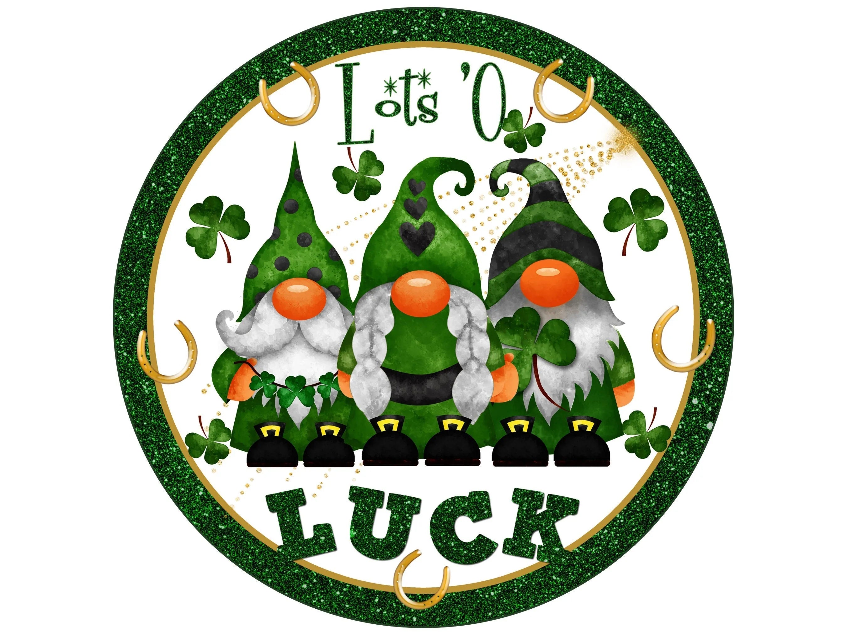 loads of luck gnome friends St Patrick's Day wreath sign, gnomes and gold horseshoes wall art, sign for March