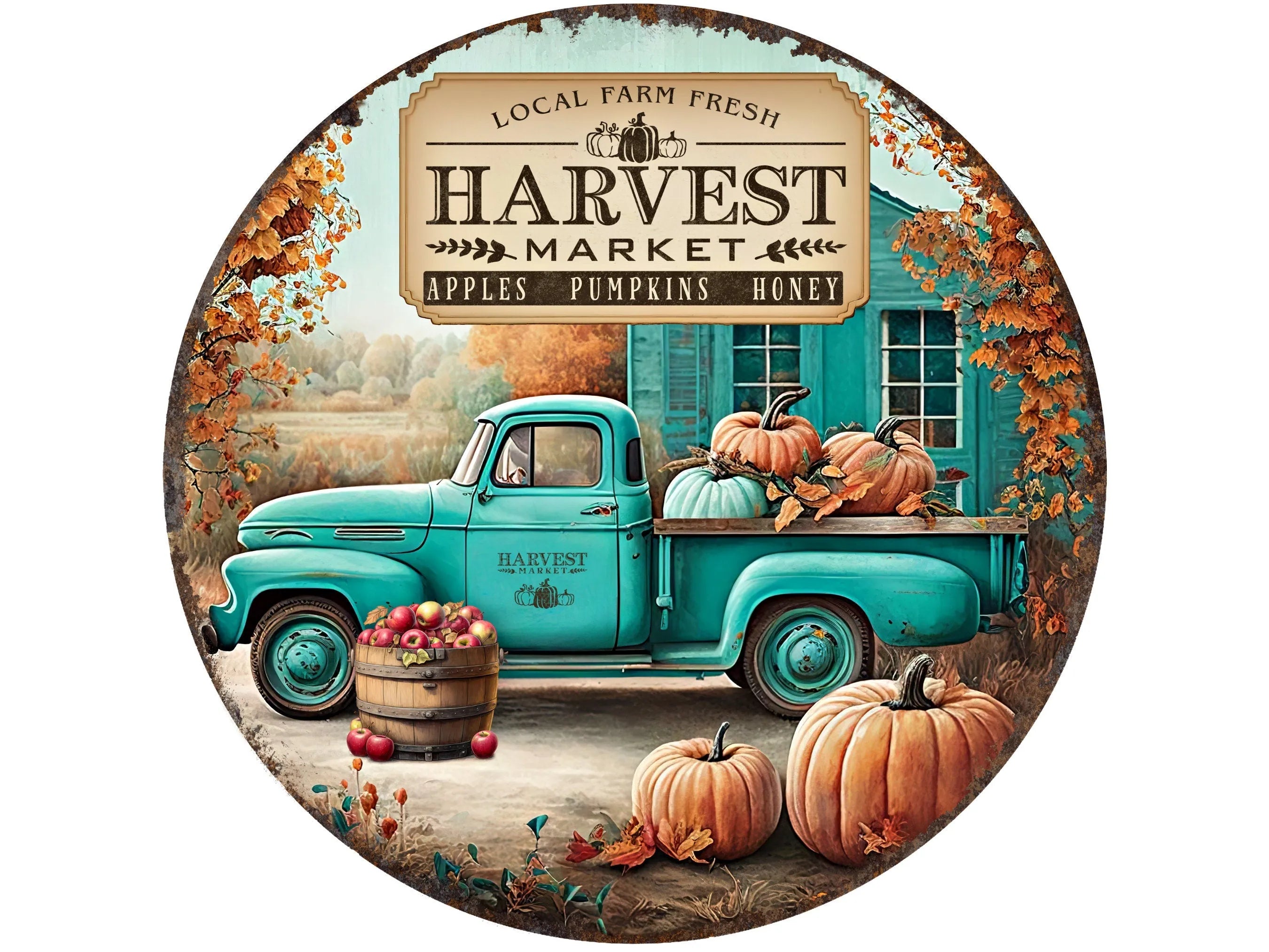 Local Farm Fresh Harvest Market Sign, Teal Antique Truck Fall Decor, Rustic Autumn Pumpkin Wall Art, Farmhouse Thanksgiving Decor