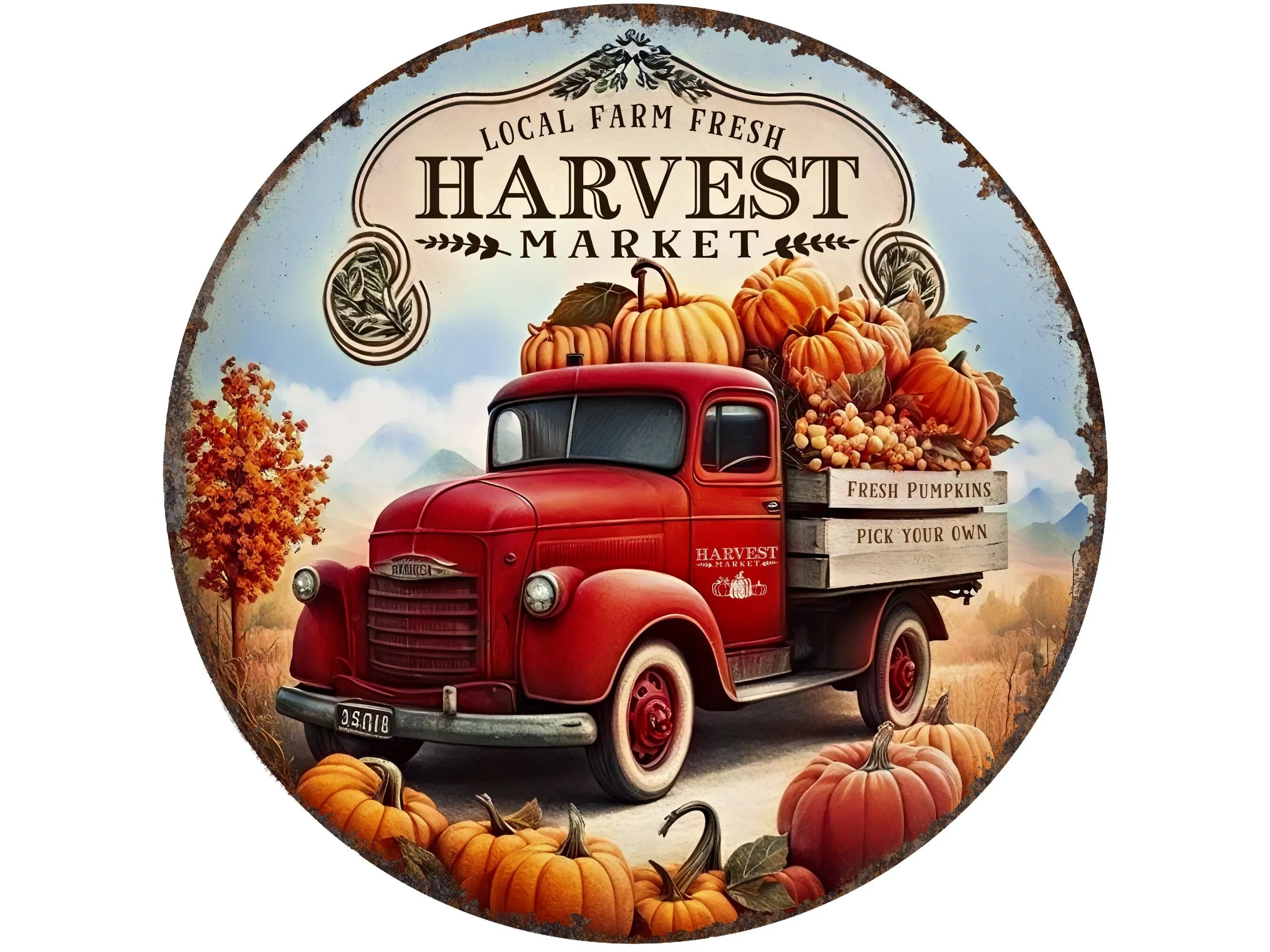 Local Farm Fresh Harvest Market Sign, Red Truck Pumpkin Decor, Rustic Fall Metal Wall Art, Autumn Market Sign