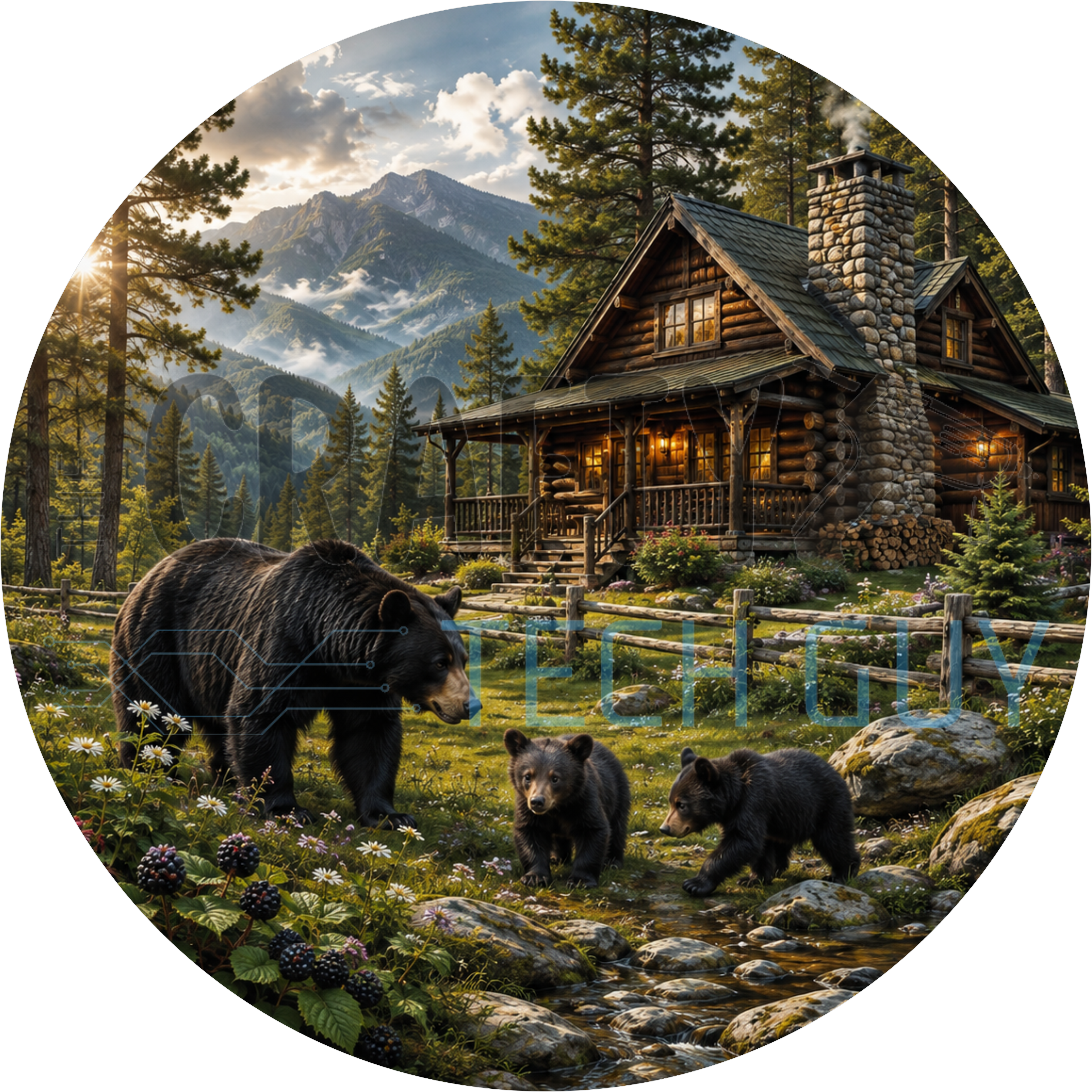 Log cabin round wreath sign in coated aluminum, showing a black bear and cubs in a mountain pine forest