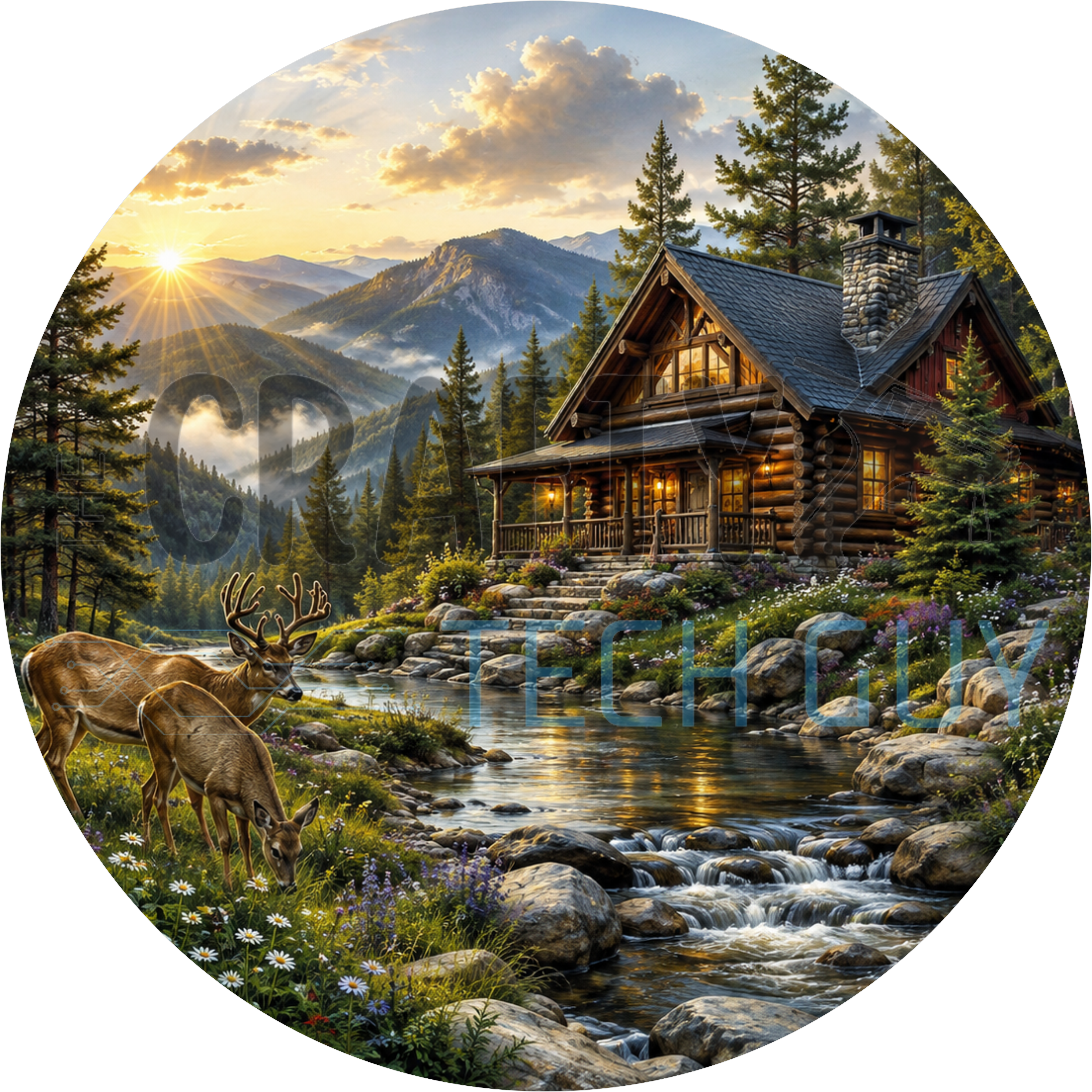 Log cabin round wreath sign in coated aluminum, showing deer in a wildflower meadow at mountain sunrise