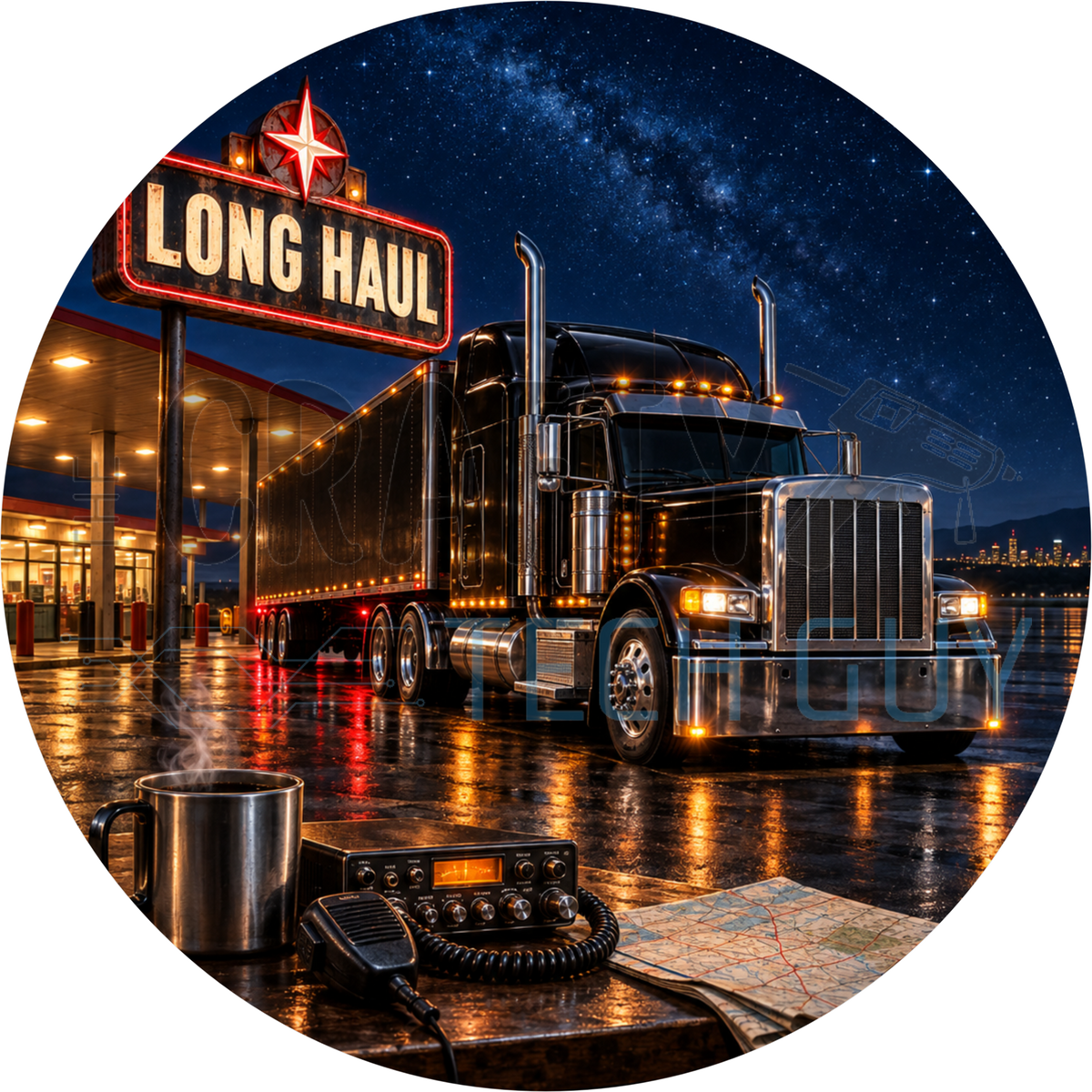 Long Haul round wreath sign with a neon truck stop sign, black semi at the fuel island, travel mug, CB handset and map at night