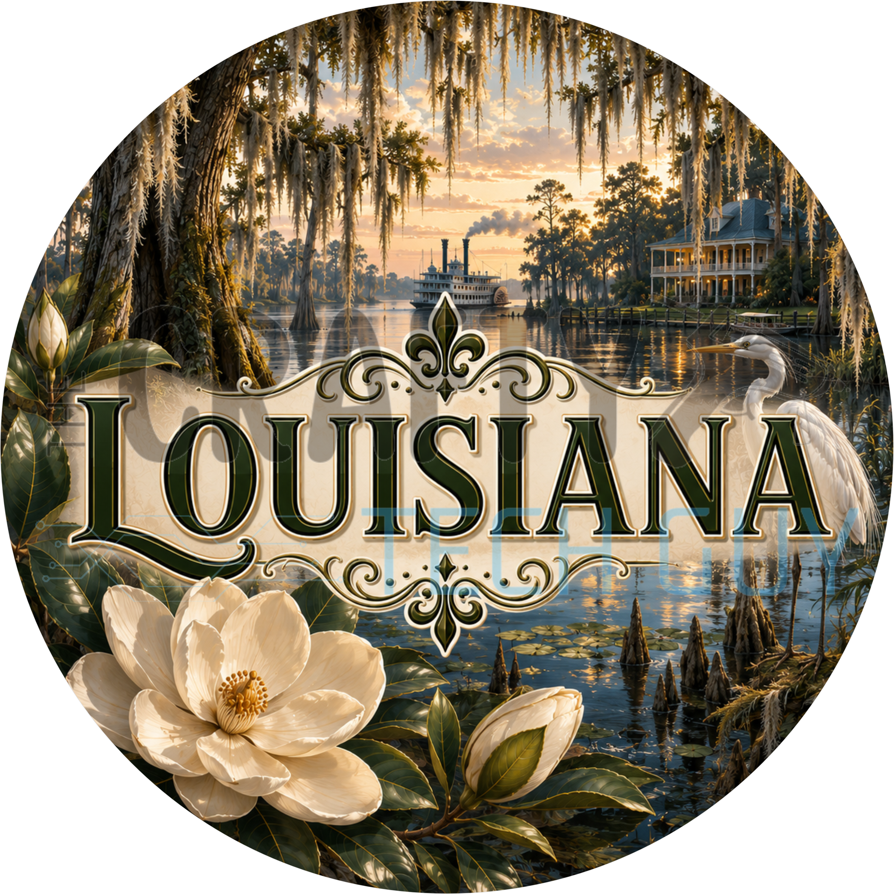 Louisiana round wreath sign in coated aluminum, showing white magnolias, a cypress bayou, a paddlewheel steamboat and a wading egret