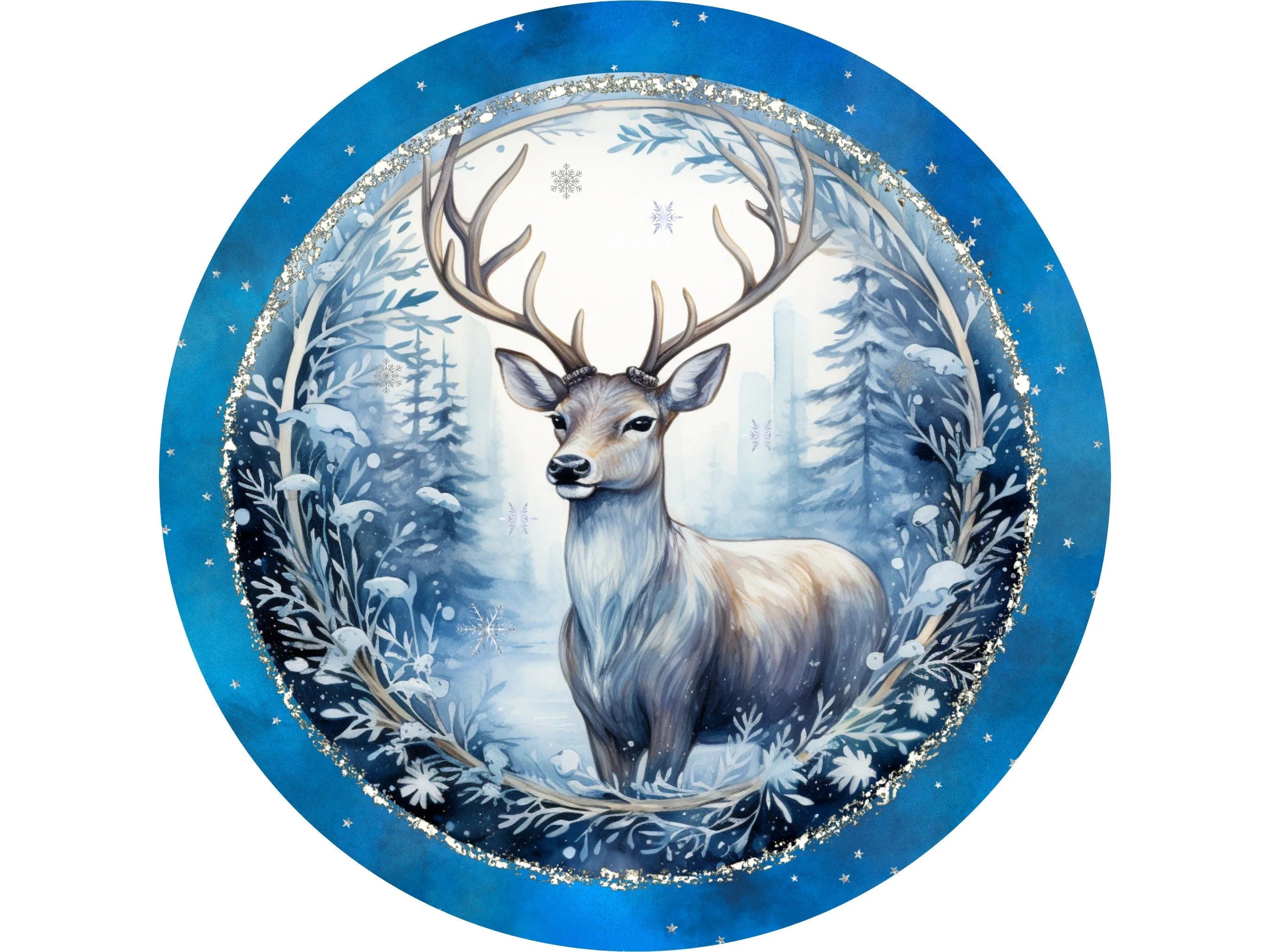 Magical Winter Deer Digital Art Print, Blue Glitter Forest Wall Decor, Holiday Season Deer Illustration, Whimsical Christmas Wall Art