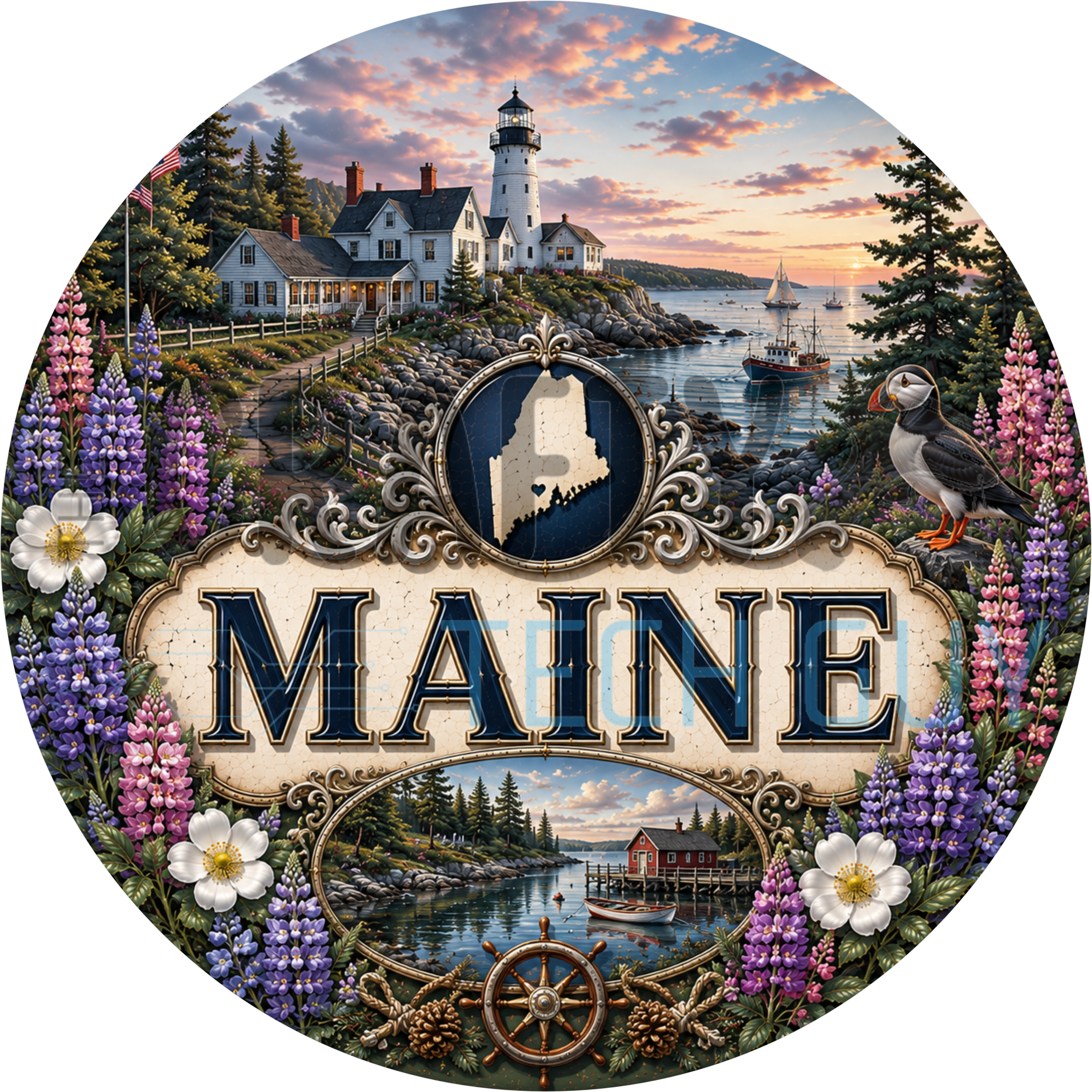 Maine round wreath sign in coated aluminum, showing a red and white lighthouse, purple lupine, a puffin and a lobster boat