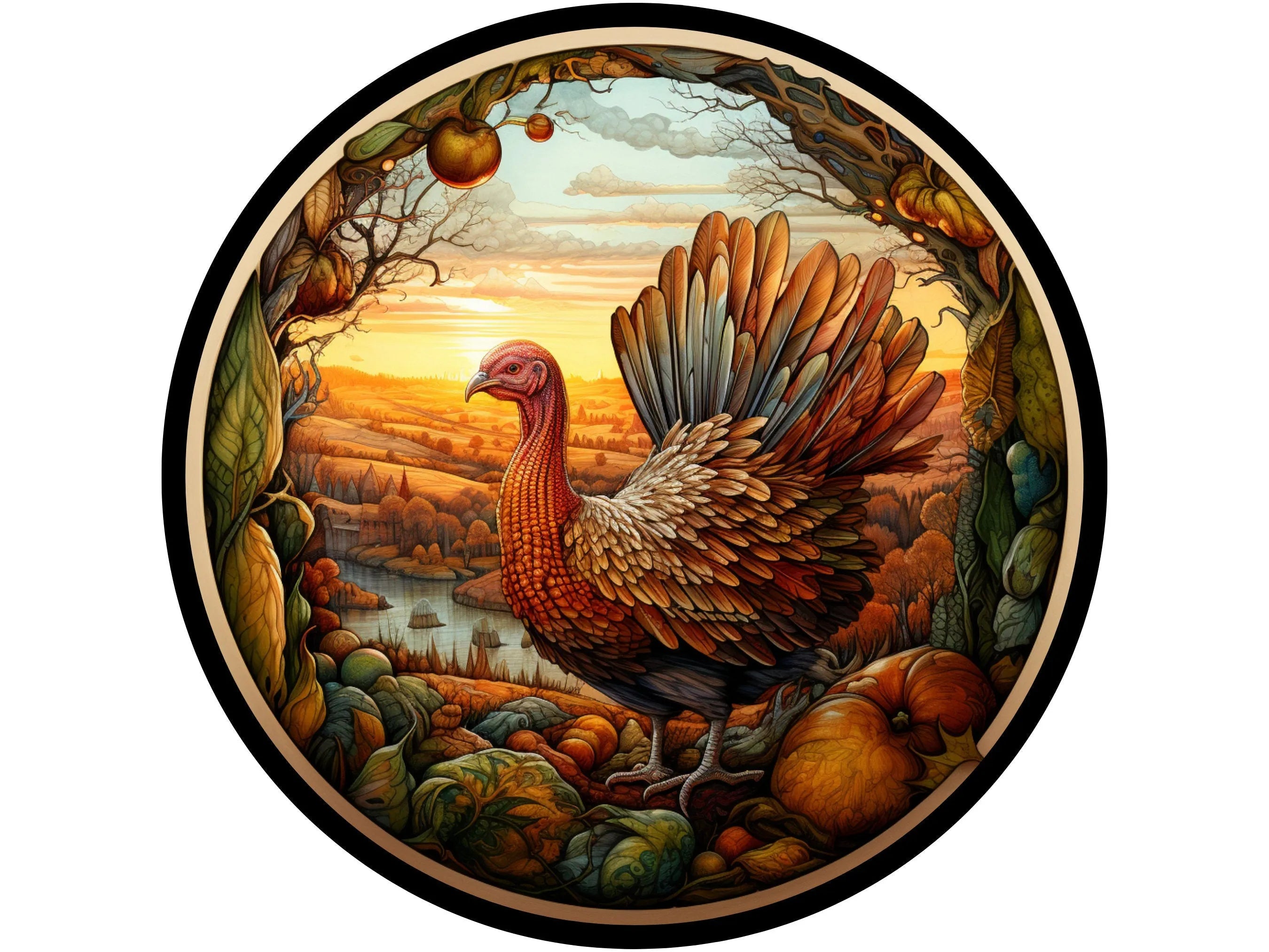 majestic realistic turkey looking over field Thanksgiving wreath sign