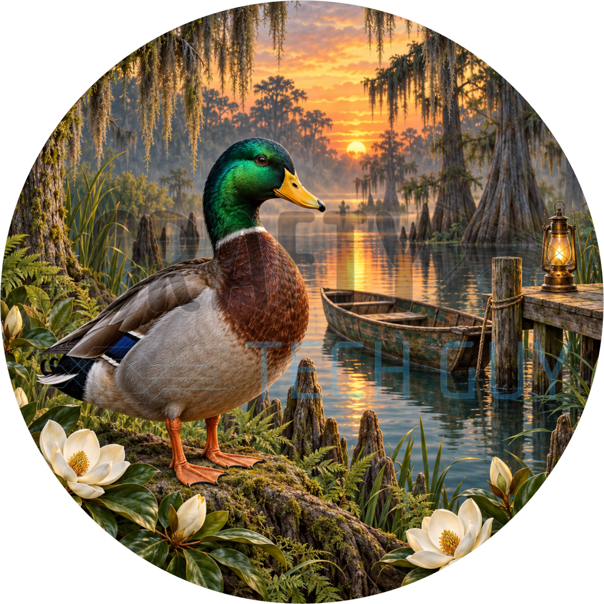 Mallard drake round wreath sign on a cypress knee at a bayou with Spanish moss, a pirogue, lantern dock and orange sunset