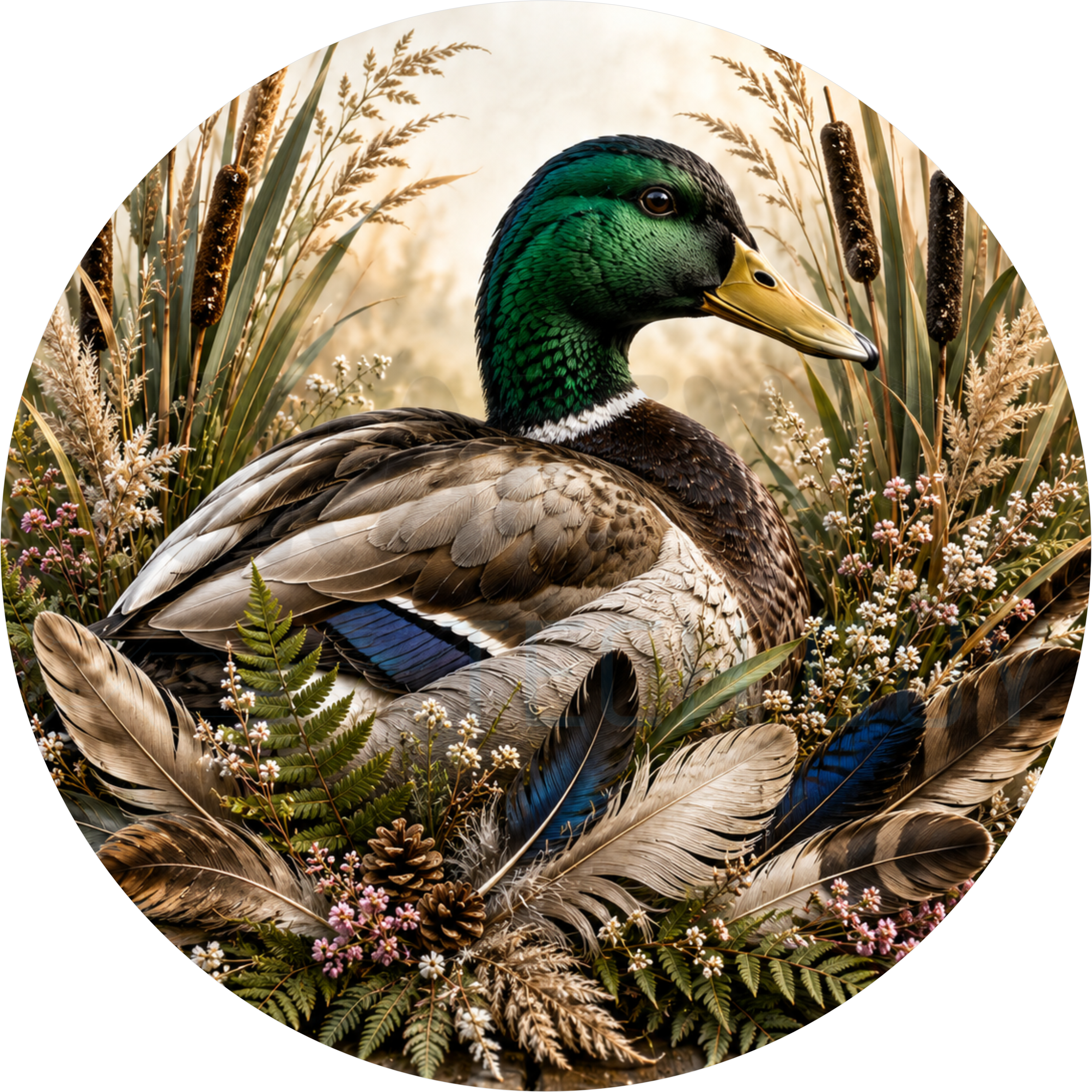 Round wreath sign in green and brown coated aluminum showing a mallard duck head among cattails, ferns, marsh grasses and pink heather